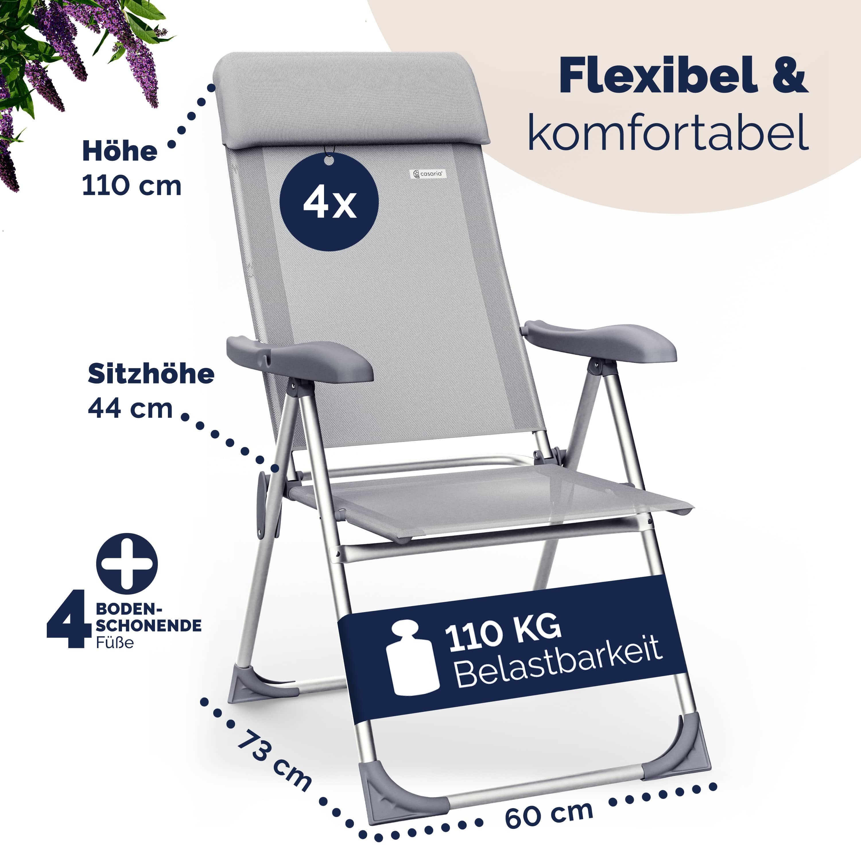Casaria Gartenstuhl (4 St), Klappbar 4er Set 7-fach Verstellbar Alu mit hoher Rückenlehne