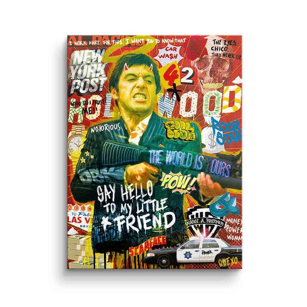 DOTCOMCANVAS® Leinwandbild, Leinwandbild Say goldener Al Pop Art collage Scarface hello Montana Tony Pacino Rahmen