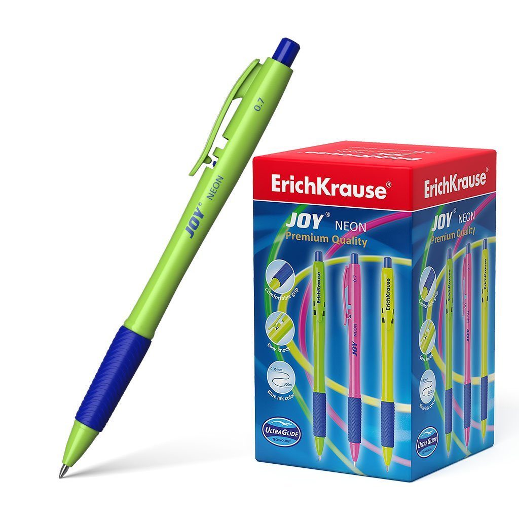 Erich Krause Kugelschreiber, Kugelschreiber JOY Neon einziehbar 0.7 Gummi Grip 50er Pack Tinte Blau