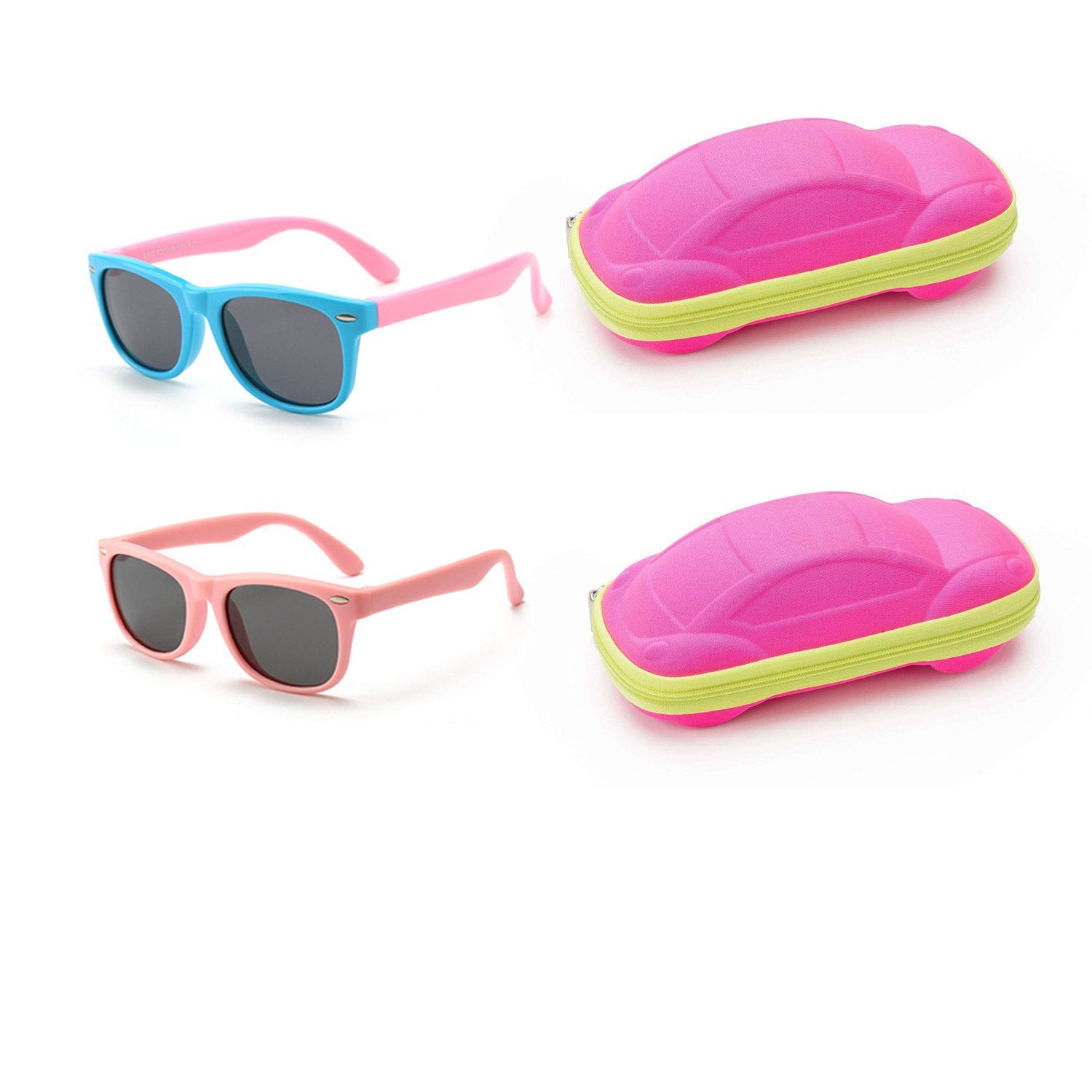Olotos Sonnenbrille Sonnenbrille für Kinder Mädchen Jungen Gummi 100% UV400 Schutz Brille Hellblau+Rosa mit Brillenetui