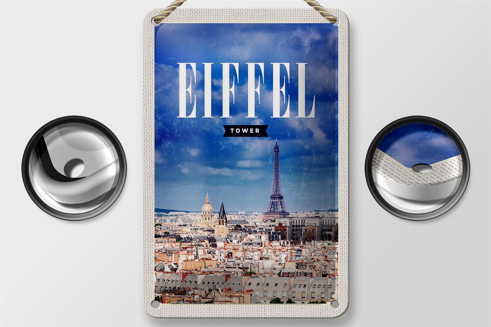 Femer GmbH Metallschild Reise 12x18cm Eiffel tower Panorama Bild Retro Schild, (1 St), gewölbte Oberfläche, abgerundete Ecken, umgeschlagene Kanten