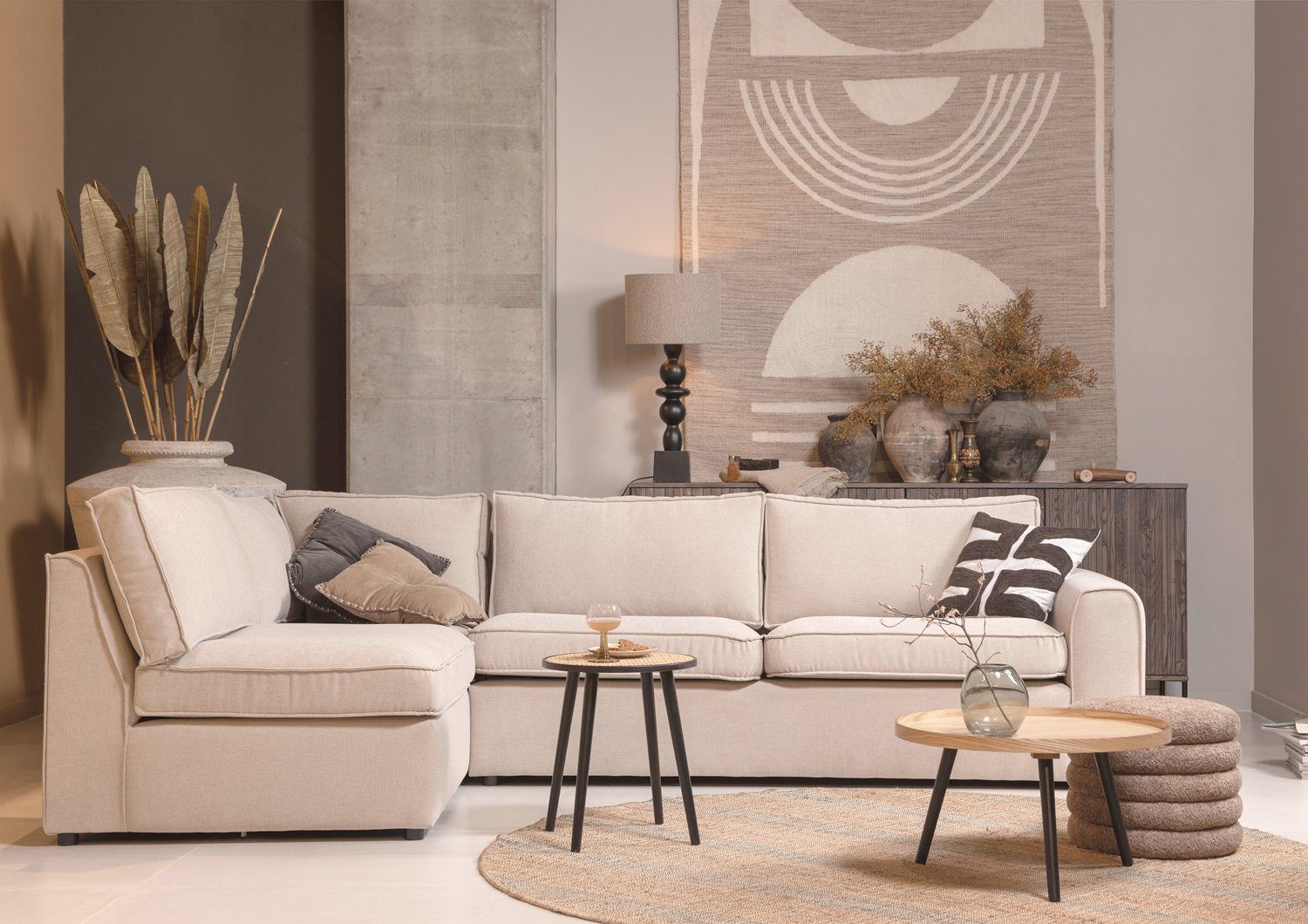 Maison ESTO Ecksofa Sofa Webstoff beige 284 cm Recamiere links oder rechts