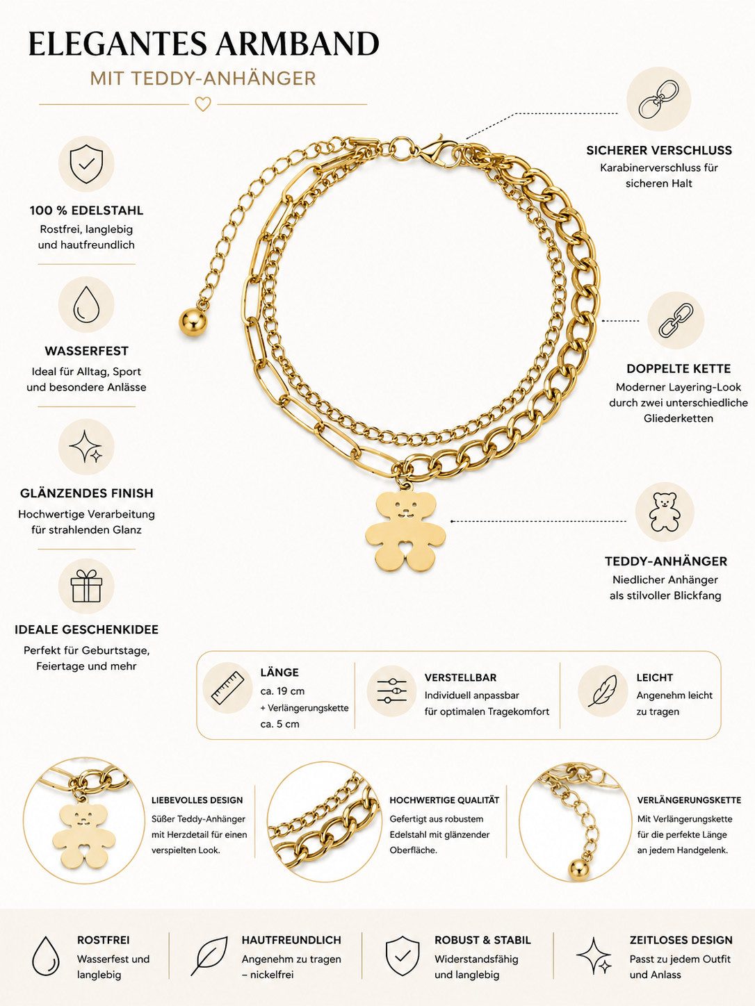 Brise Schmuck Armband Armband Damen Gold Teddy Anhänger doppelte Kette verstellbar (Einzelartikel, 1 Armband), Doppelte Edelstahlkette mit Teddy-Anhänger und verstellbarer Länge