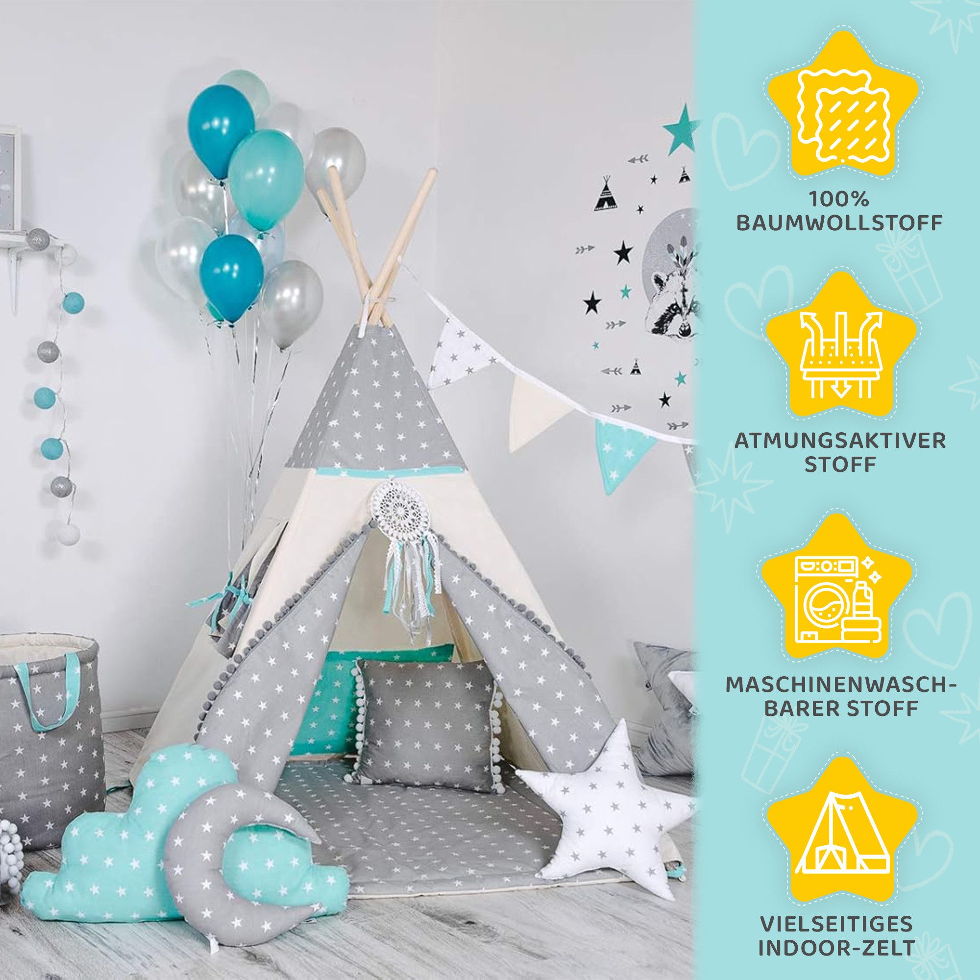 Rainbow Kids Tipi-Zelt Wolf Stern Grau, Personen: 2 (mit Zubehör, 8 tlg., mit 4 Kissen, Matte, Spielzeugkorb und Wimpelkette)