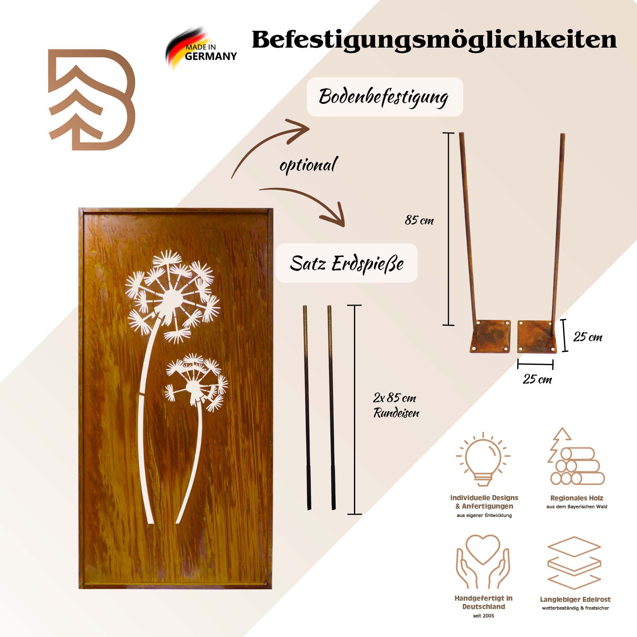 BADEKO Sichtschutzelement Sichtschutz Paravent Pusteblume 200x100cm Edelrost/Cortenstahloptik