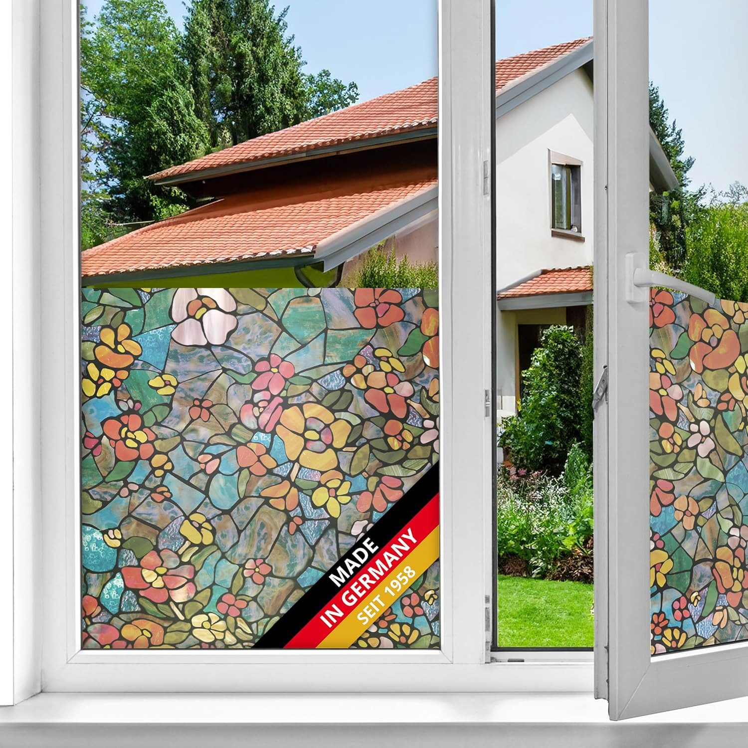d-c-fix Fensterfolie Fensterfolie selbstklebend Sichtschutzfolie Deko Folie für Fenster, Buntglasfolie, 200 x 45cm - Zuschneidbar & rückstandslos entfernbar
