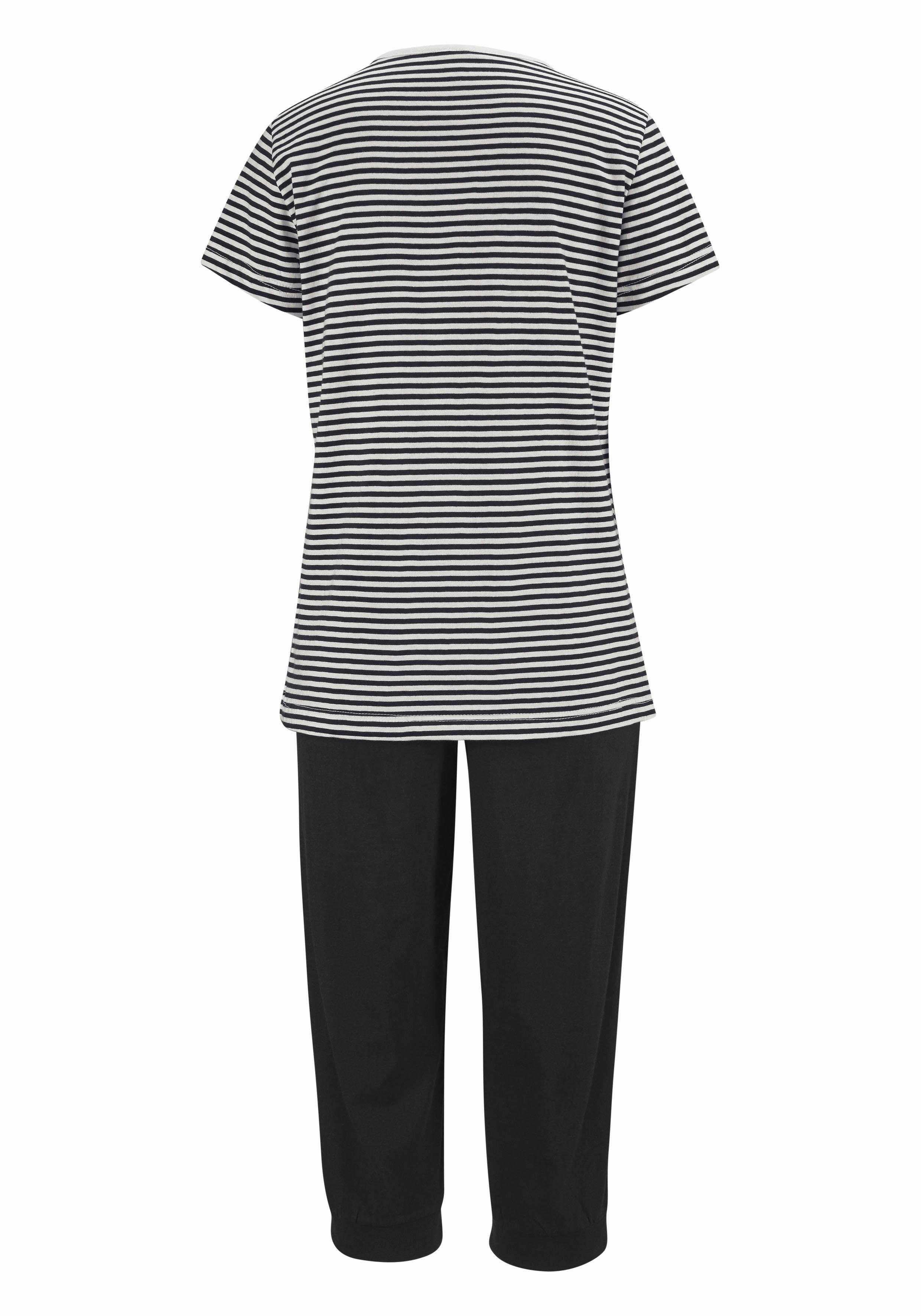 H.I.S Capri-Pyjama (2 tlg., 1 Stück) schwarz-gestreift T-Shirt geringeltem mit Hose und legerer