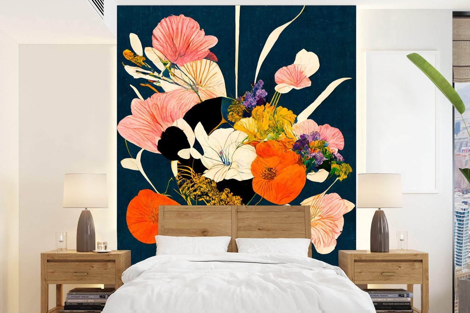 MuchoWow Fototapete Blumen Vase Pflanzen, Vinyl Wohnzimmer, Matt, - St), Tapete - für Malerei Montagefertig Wandtapete (4 bedruckt, 