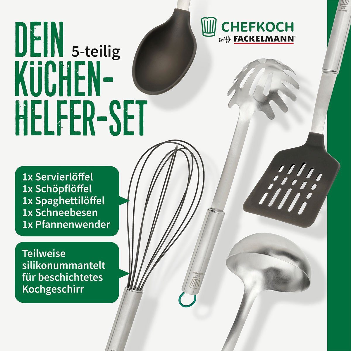 Chefkoch trifft Fackelmann Kochbesteck-Set Küchenhelfer Set, Edelstahl-Silikon-Kombination, Antihaft-Kochgeschirr