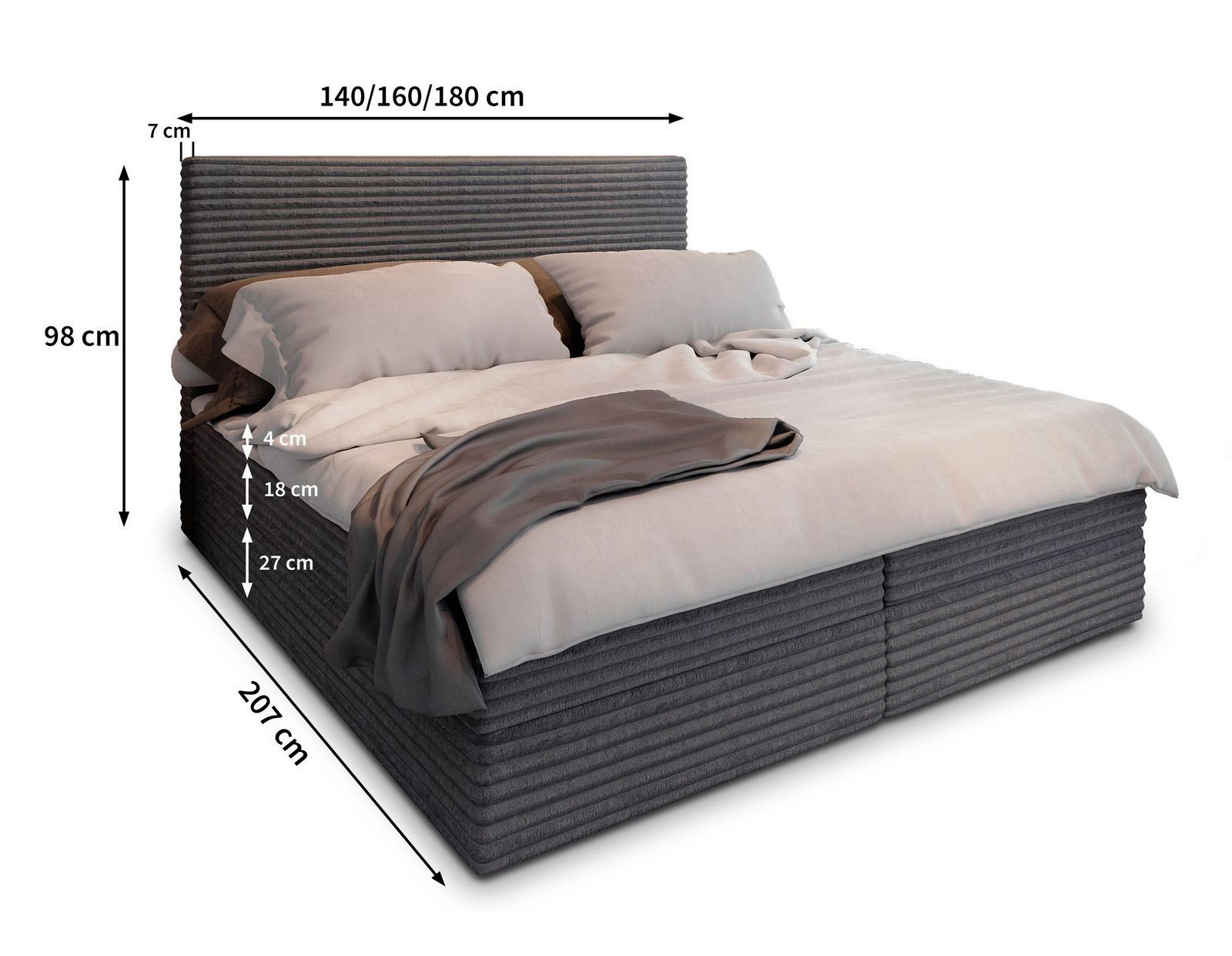 Masseno Boxbett PISA 140x200 cm mit Bonell Matratze und Topper, Doppelbett, Polsterbett mit Kopfteil, Boxspringbett – Bild 4 von 5