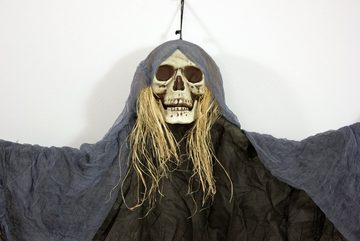 Das Kostümland Dekofigur Schwarze Todesfee mit Totenkopf und Haaren - Halloween Dekofigur 170x90 cm - Hängefigur