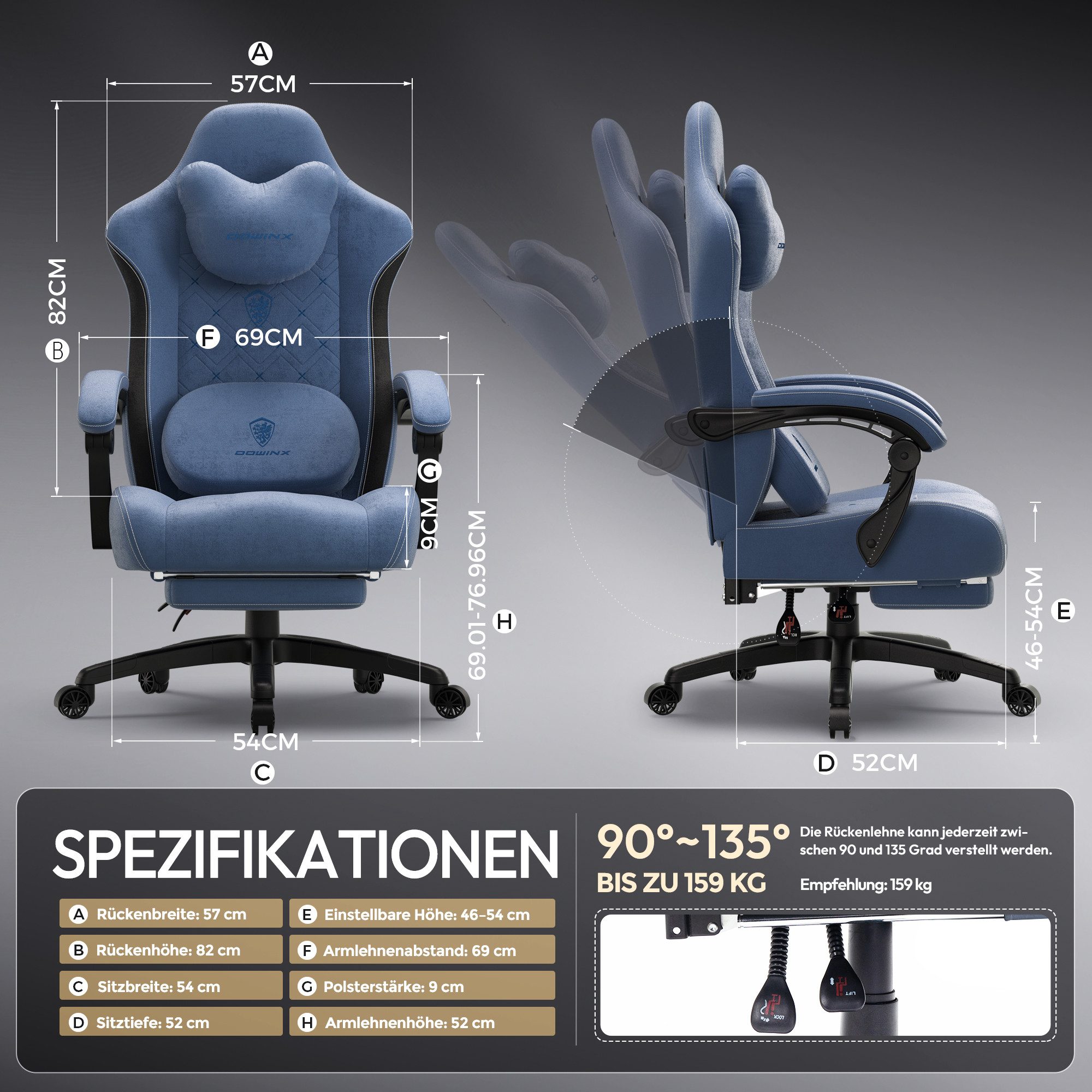 Dowinx Gaming-Stuhl Bürostuhl mit Beheizter Massage Lendenwirbelstütze (Packung), Gamer Stuhl Stoff mit Tasche Frühling Kissen und Fußstütze – Bild 2 von 5