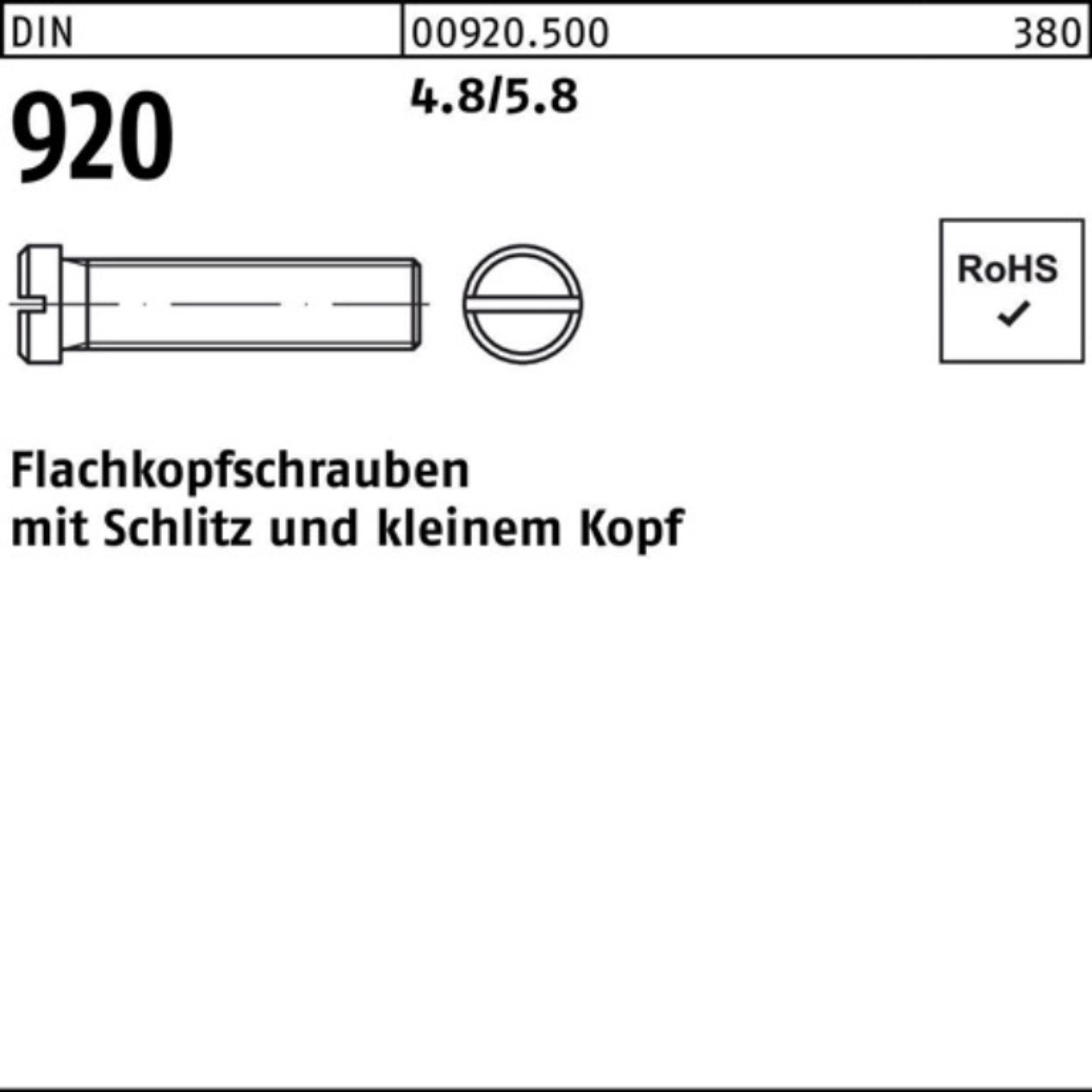 Reyher Schraube 100er Pack Flachkopfschraube 100 Schlitz 920 Stück 4.8/5.8 8 DIN M3x