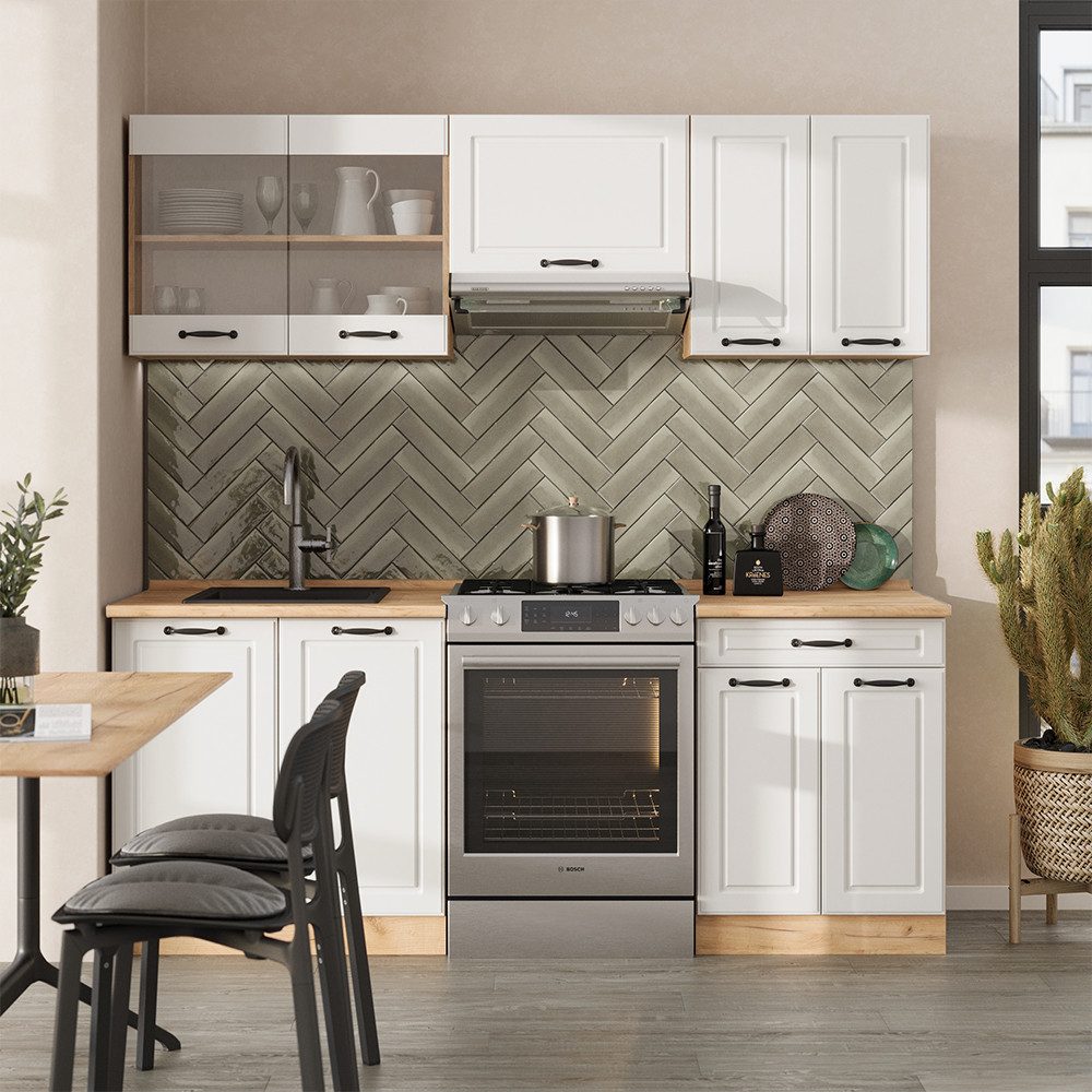 Vicco Küchenzeile R-Line, Weiß Landhaus/Goldkraft Eiche, 200 cm ohne Arbeitsplatte