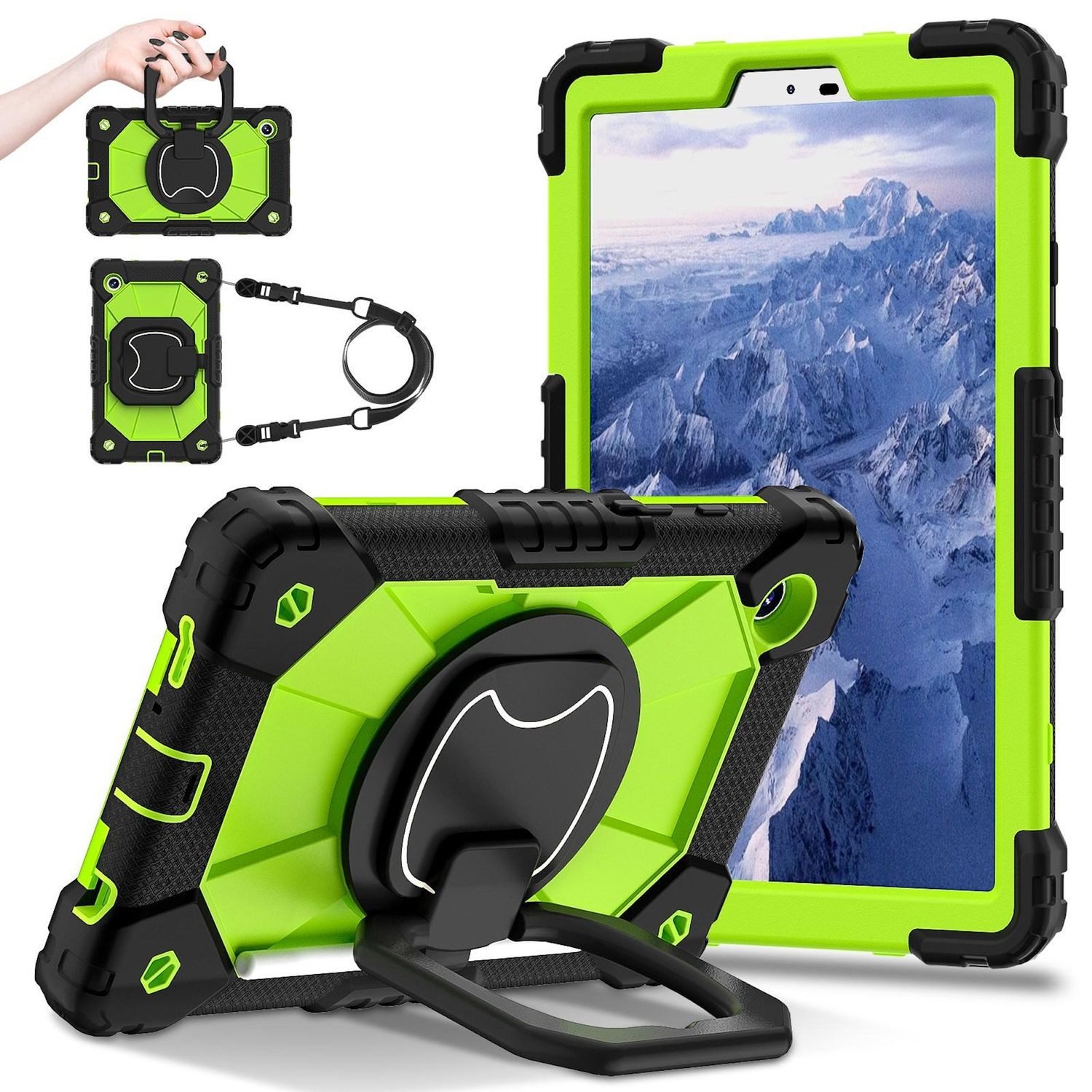 Wigento Tablet-Hülle Für Samsung Galaxy Tab A11 Hybrid Hülle mit Halter & Schultergurt Grün, Hybrid Schutzhülle Smart Case Cover mit Schultergurt