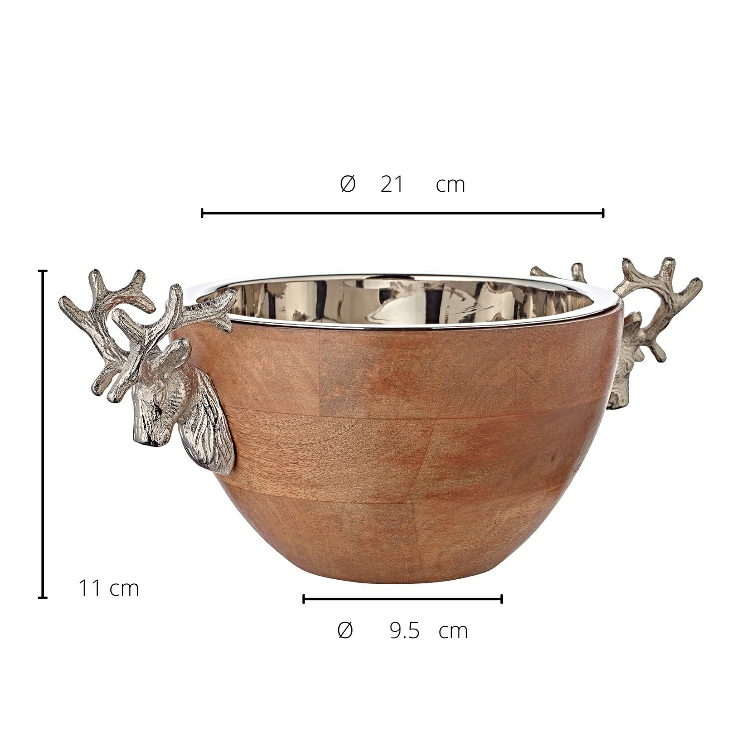 EDZARD Servierschale Hirsch, Aluminium, Mangoholz, Hirsch-Motiv, Mangoholz, Aluminium, vernickelt, H 12 cm, Ø 20,5 cm