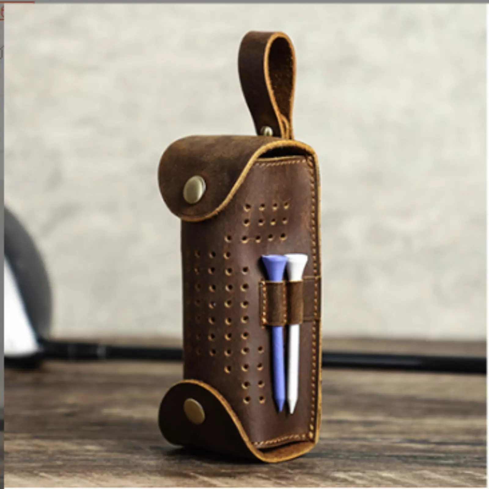 YUBRO-STUDIO Golfballtasche Vintage Golfballtasche aus Leder mit Tee-Halter und Gürtelschlaufe