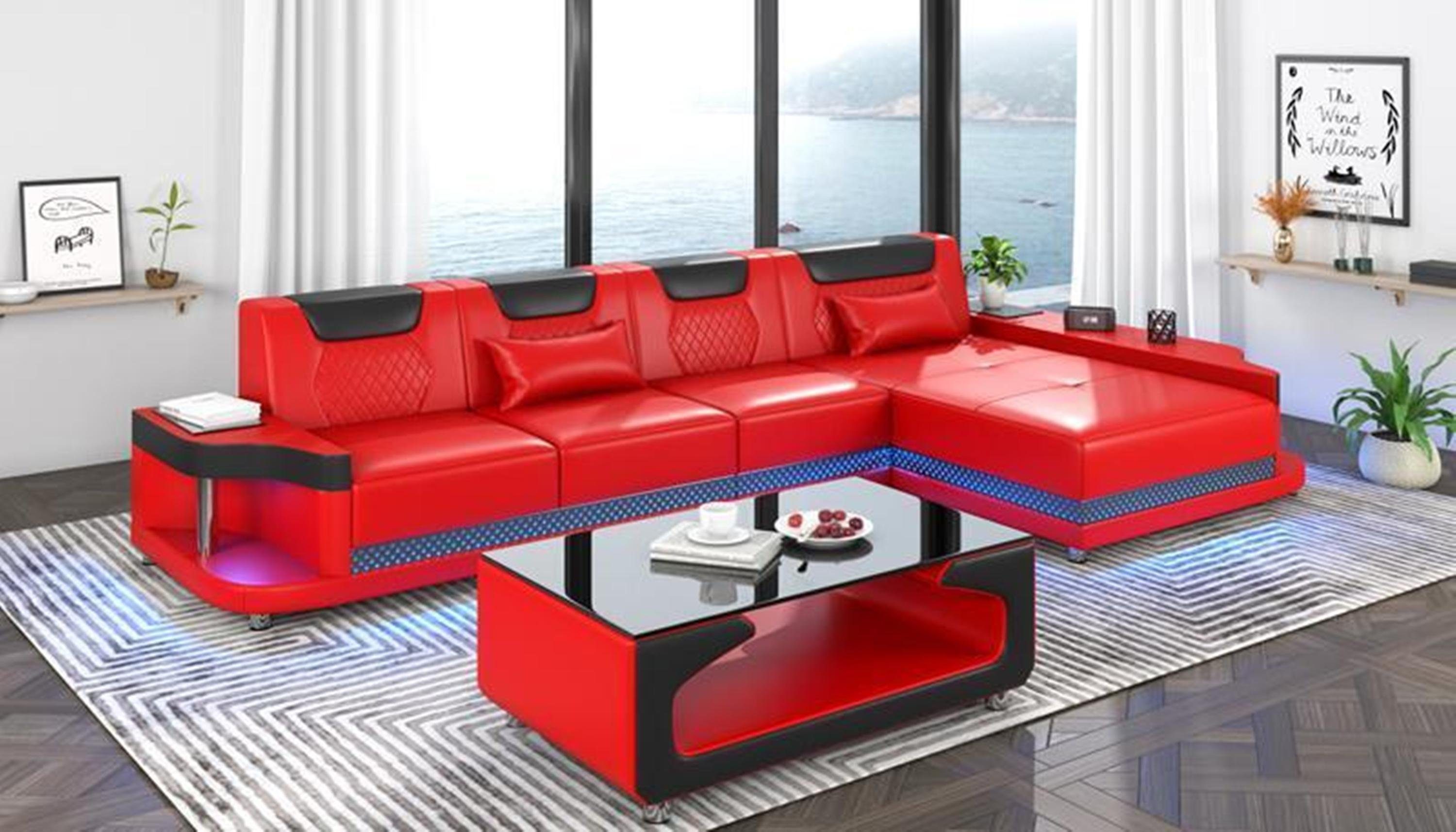 JVmoebel Ecksofa, Design Eckcouch Ecksofa Wohnzimmer Möbel Sofa L Form + Couchtisch Rot