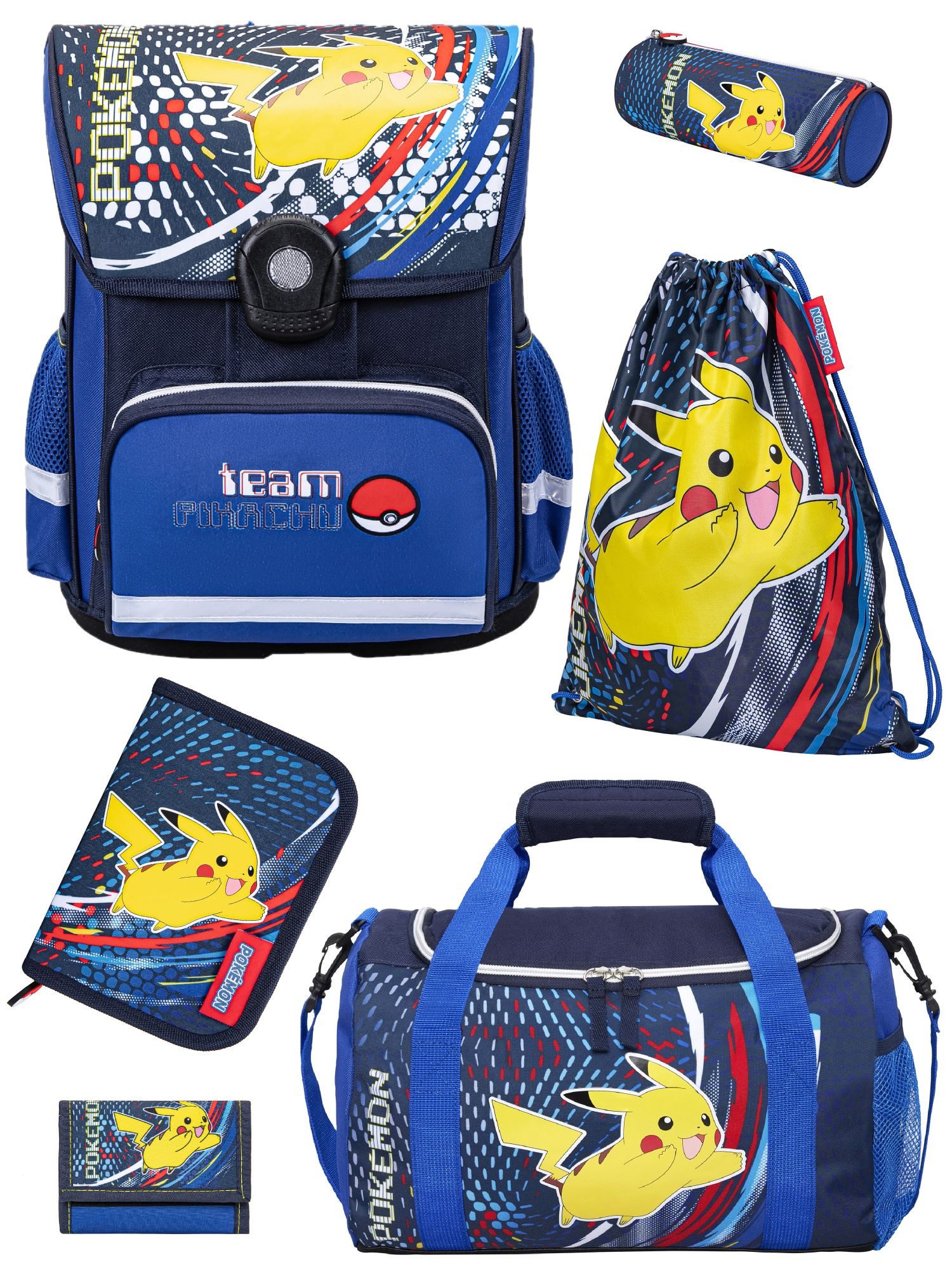 Familando Schulranzen Pokemon Blau; Pikachu Schultasche ab der 1. Klasse (Set, 6-tlg., inkl. Federmappe und Sporttasche), ergonomisch; mit Brustgurt; 990 Gramm leicht