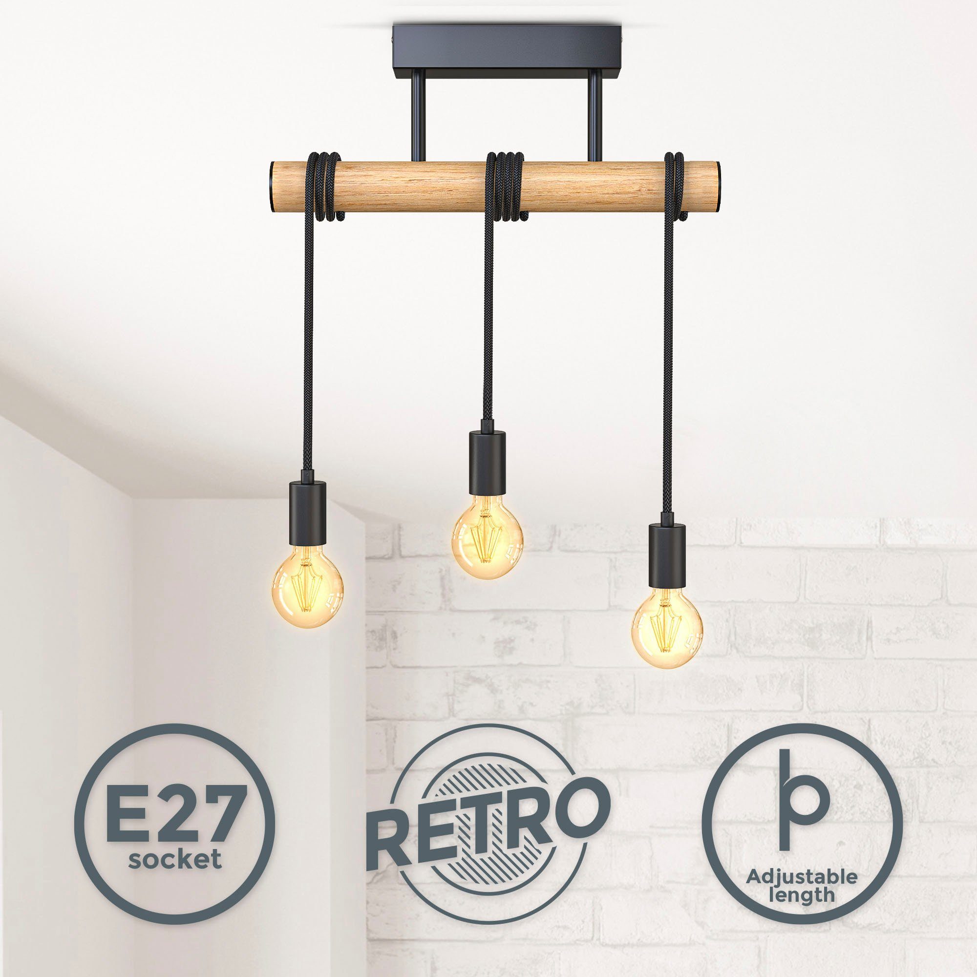 Esstischlampe, 3x ohne L: E27-Fassung, ohne Leuchtmittel, max. mit Holz-Pendellampe, B.K.Licht Textilkabel, 60W, BK_PL1392 54,5cm Pendelleuchte Leuchtmittel,