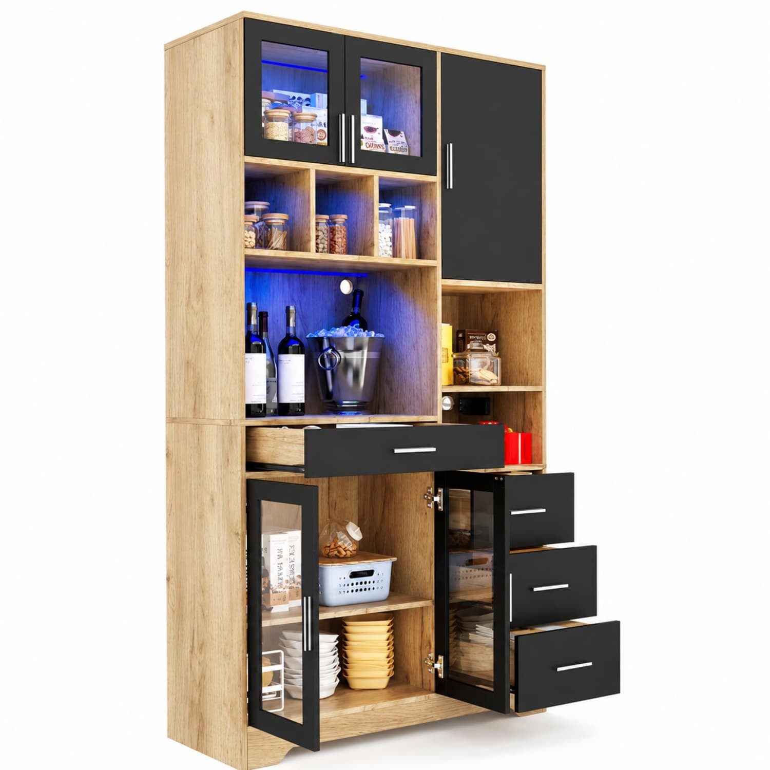 ANYSUN Küchenbuffet Aufbewahrungshochschrank mit LED, Steckdose & verstellbaren Böden (Mit Glastüren, 4 Schubladen & Kippschutz, 185 × 100 × 40 cm)