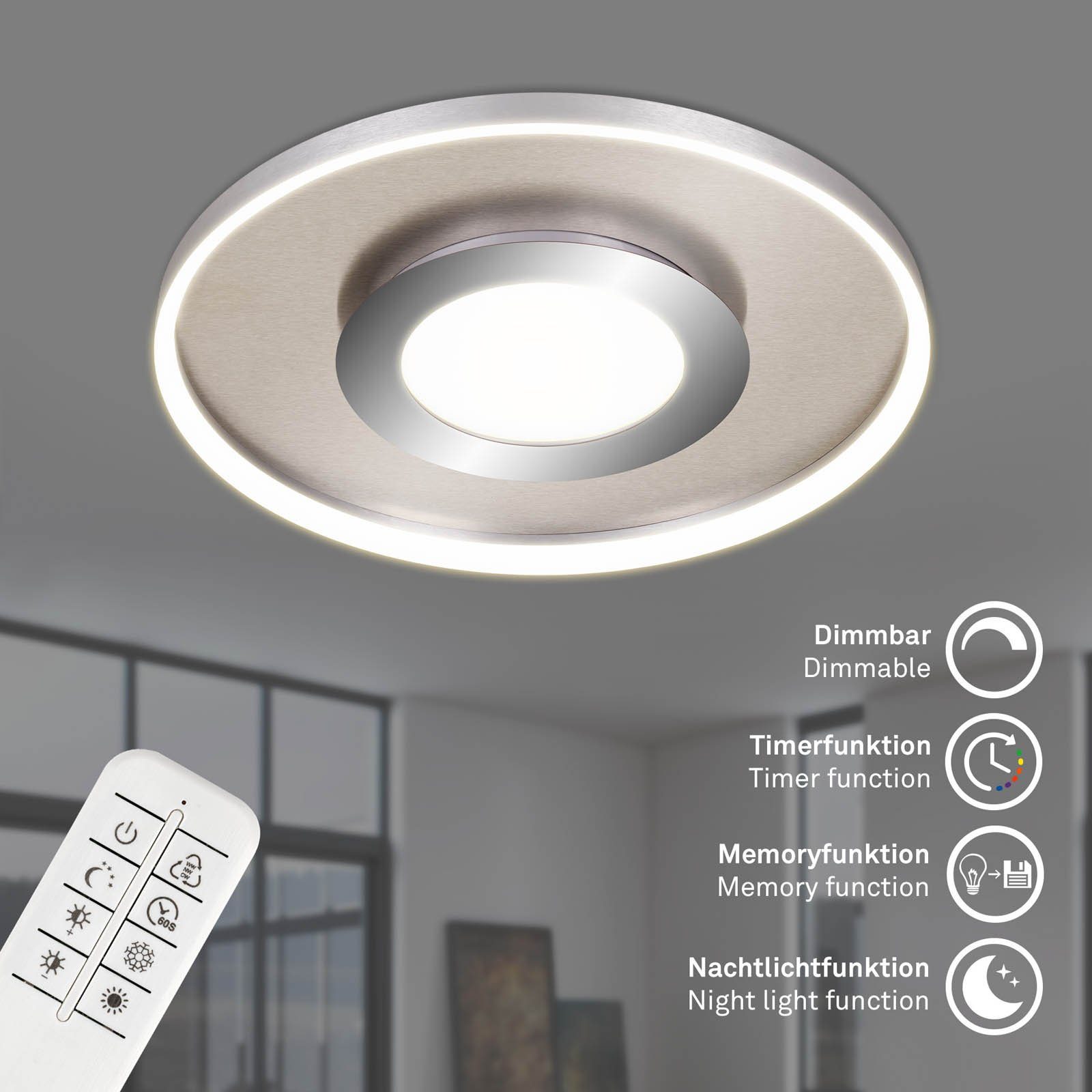 Matt-Nickel, CCT 25W, Warmweiß, dimmbar, Timer, Neutralweiß, Speicherfunktion, Kaltweiß, 3640-012, 49,5x6cm, LED LED verbaut, Fernbedienung, Wohnzimmer, Nachtlicht, Deckenlampe, Farbtemperatursteuerung, Briloner Leuchten Schlafzimmer fest Tageslichtweiß, Deckenleuchte