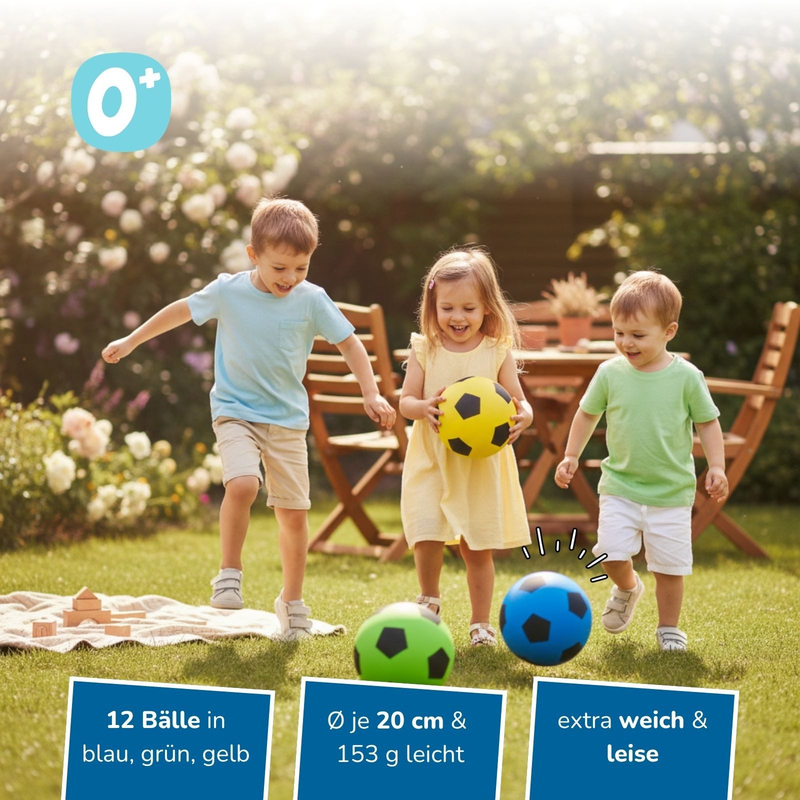 alldoro Softball Schaumstoff-Ball 12er-Set Ø 20 cm, 12 weiche Soft-Fußbälle für Kinder, Sichere Kinderbälle in gelb, grün & blau für drinnen & draußen