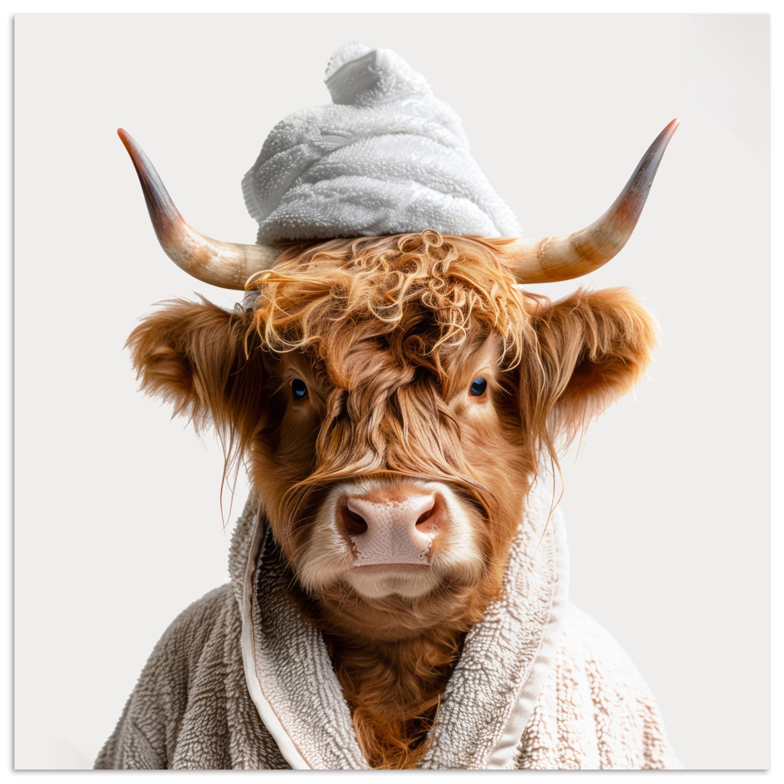 MuchoWow Poster Schottischer Highlander - Bademantel - Kuh - Tiere, (1 St), Poster ohne Rahmen, Wandbild, Wandposter, 30x30 cm