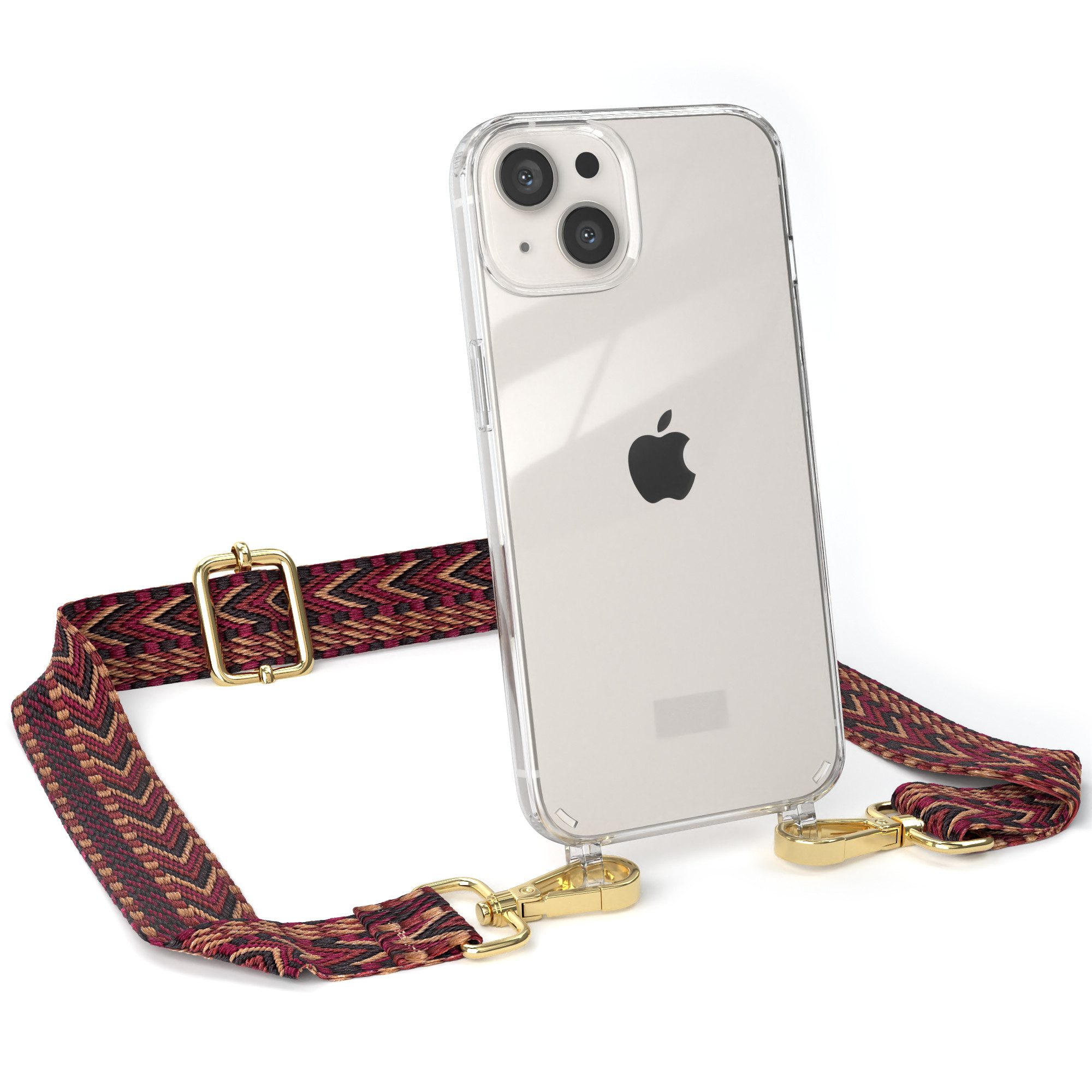 EAZY CASE Handykette Boho Umhängeband für Apple iPhone 13 6,1 Zoll, dünner Riemen Silikon Hülle zum Umhängen Umhängetasche schmal Etui Rot