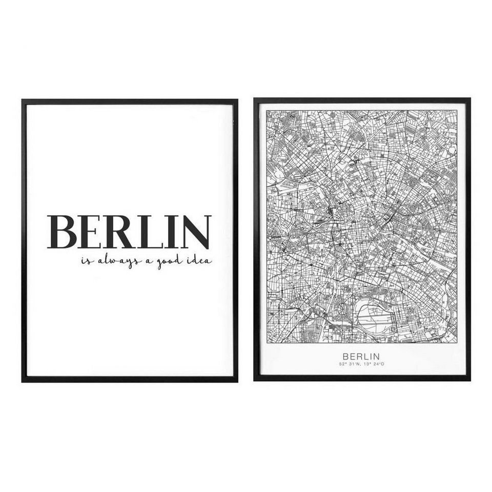 K&L Wall Art Poster Poster Collage + Bilderrahmen Stadtplan Berlin is a  good idea 2er Set, Wohnzimmer Wandbild modern