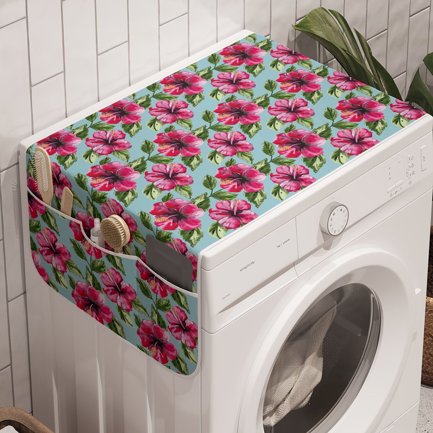 Anti-Rutsch-Stoffabdeckung und für Aquarell Abakuhaus Trockner, Tropical Szene Badorganizer Hibiscus Waschmaschine