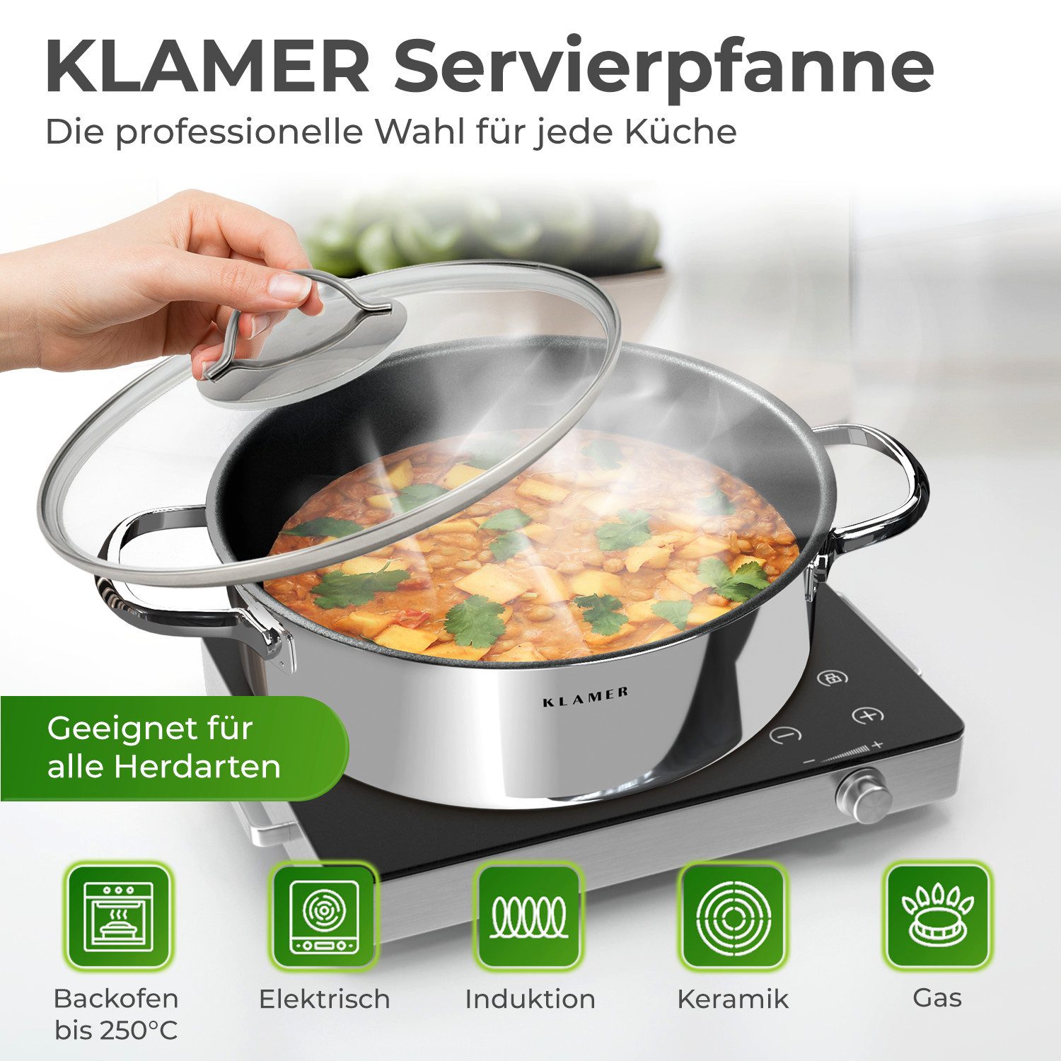 KLAMER Servierpfanne mit Deckel 28cm Induktion, antihaftbeschichteter Edelstahl Schmortopf…, Edelstahl, Energiesparend, Güteglasdeckel, tropffrei abgießen