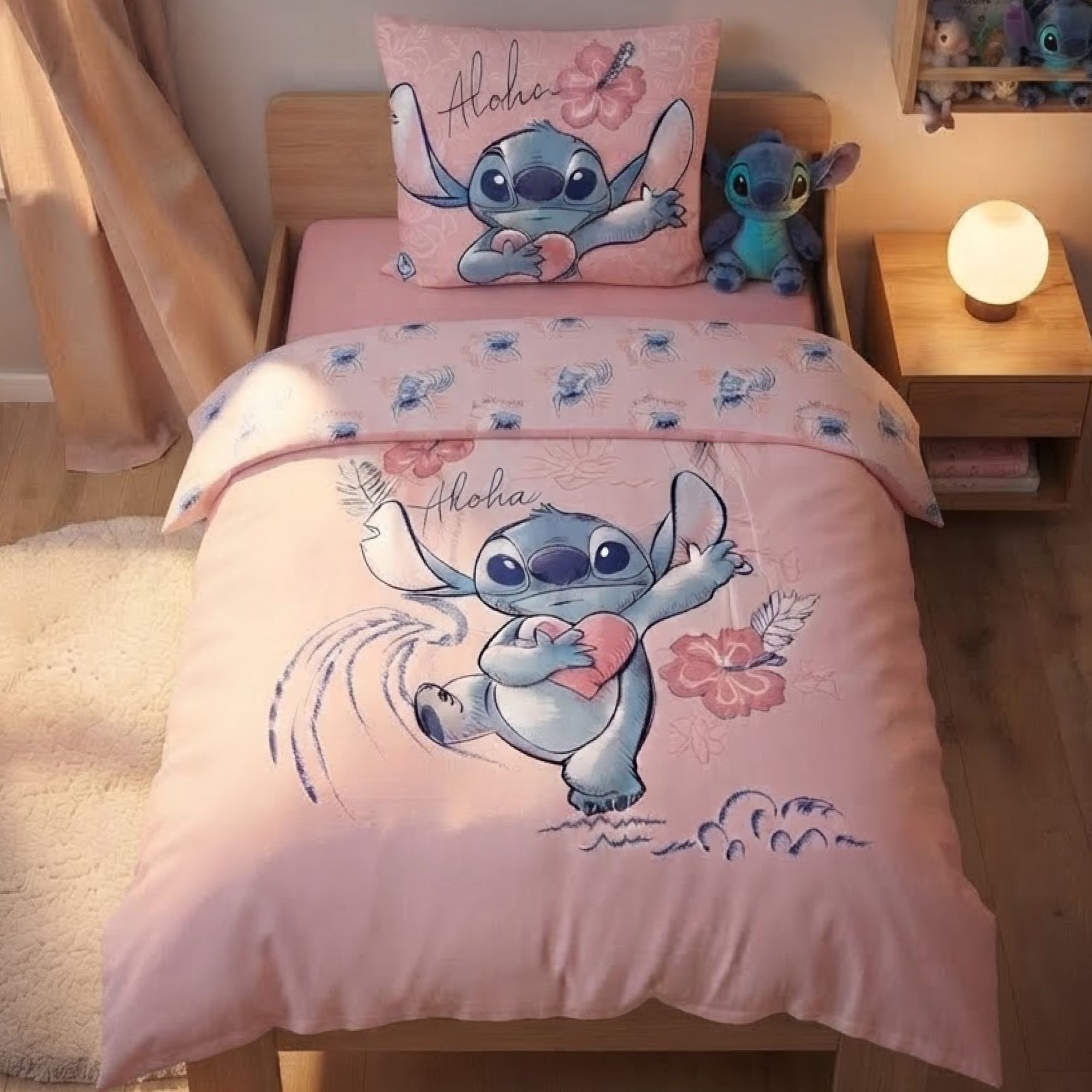 Familando Kinderbettwäsche Disney Stitch 135x200 80x80 cm "Aloha" Rosa für Mädchen, Renforcé, 2 teilig, 100% Baumwolle mit Reißverschluss …