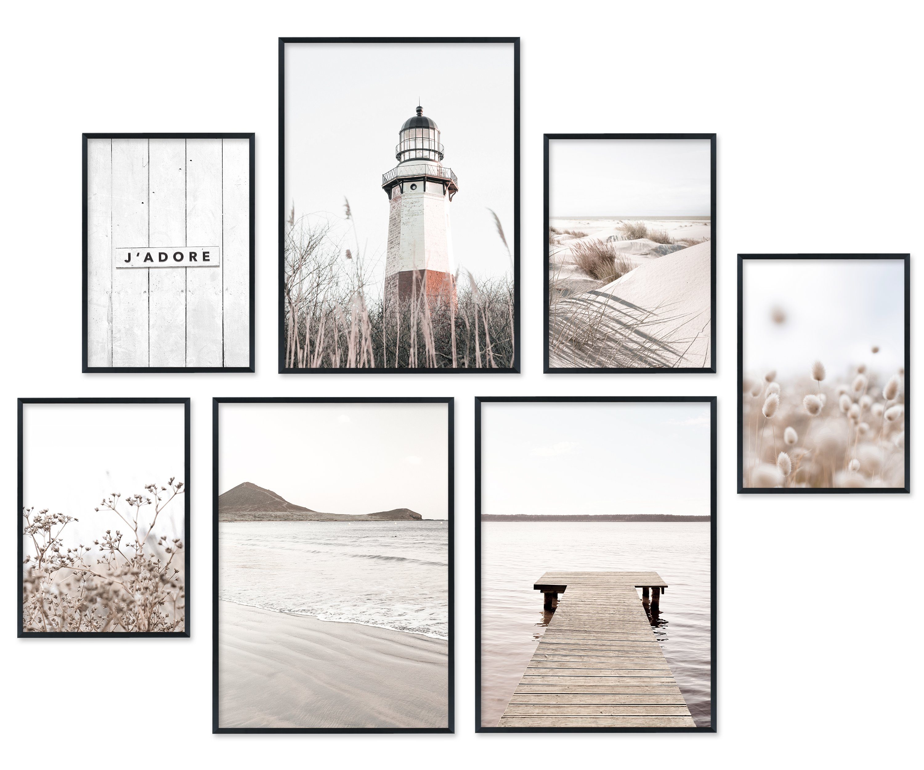 Hyggelig Home Poster Leuchtturm, Premium Poster Set OHNE & MIT Rahmen - 7 Wandbilder Strand, Meer (Set, 7 St), Collage Natur, Qualitätsdruck auf dickem Papier