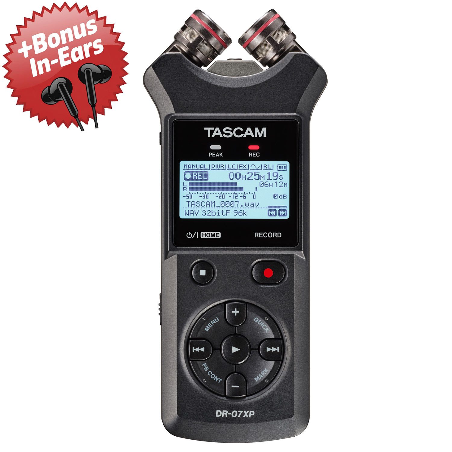 Tascam Tascam Audio-Recorder DR-07XP + Bonus In-Ear Kopfhörer Digitales Aufnahmegerät (Vorteils Set mit In-Ear Kopfhörer)