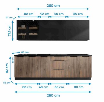 Furnix Küchenzeile Linaris-Iconica Einbau-Küche 260 cm Küchenmöbel Vitrine schwarz/braun, 260x85,8x60 cm, Höhe oben je nach Montage, Design & Funktionalität