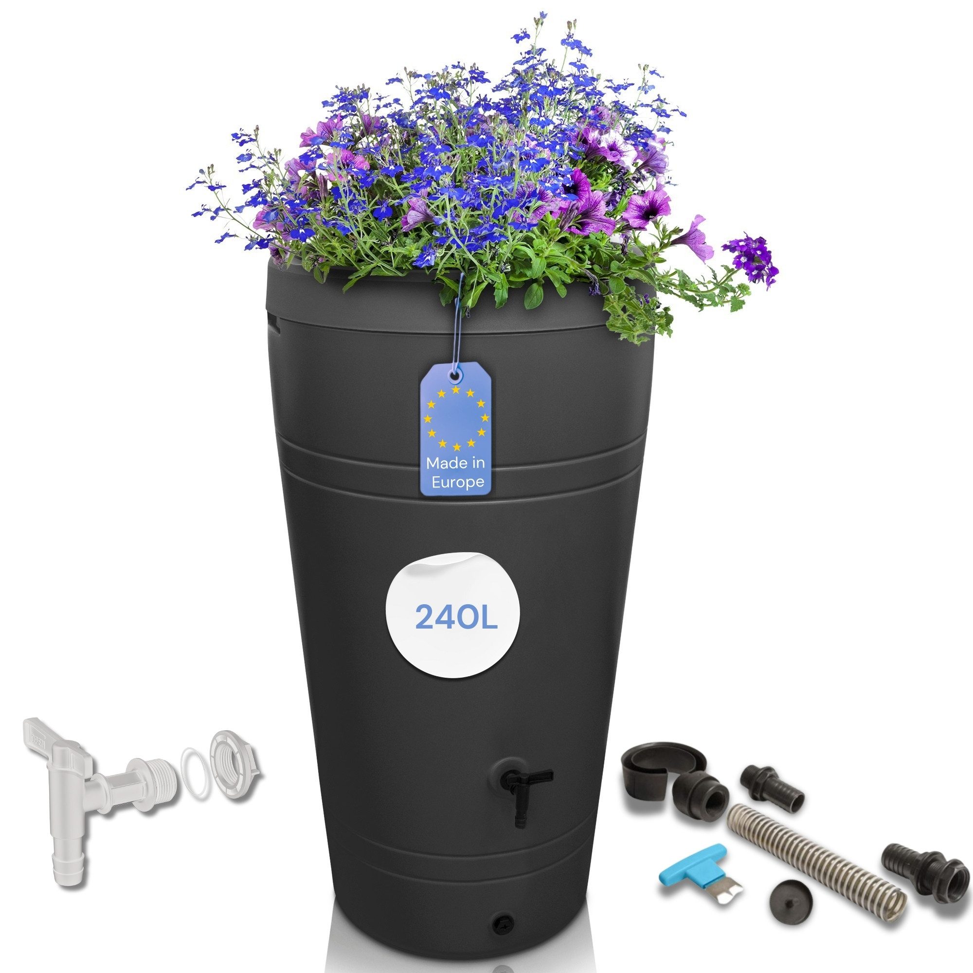 YourCasa Regentonne 230 Liter [Decore ] mit Anschlusset - Regenfass aus Kunststoff, bepflanzbarer Deckel, mit Wasserhahn,240L