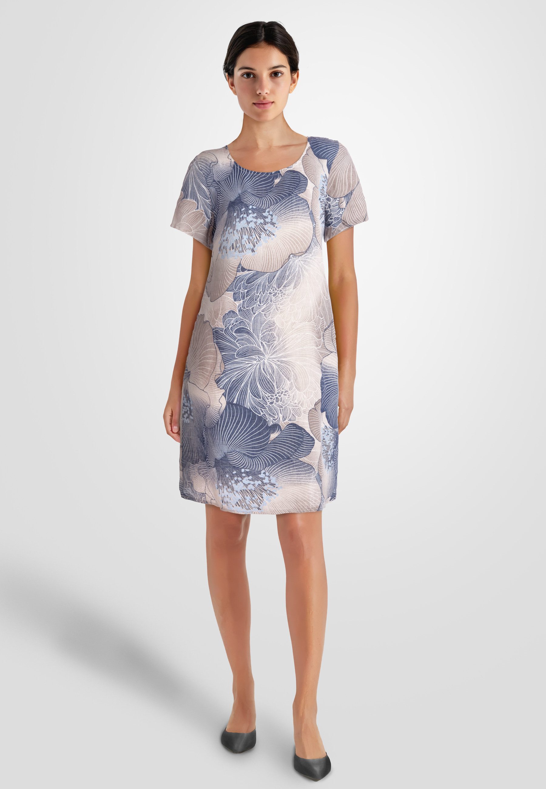 PEKIVESSA Sommerkleid Leinenkleid knielang mit kurzen Ärmeln Leinenstoff mit Blumenmuster