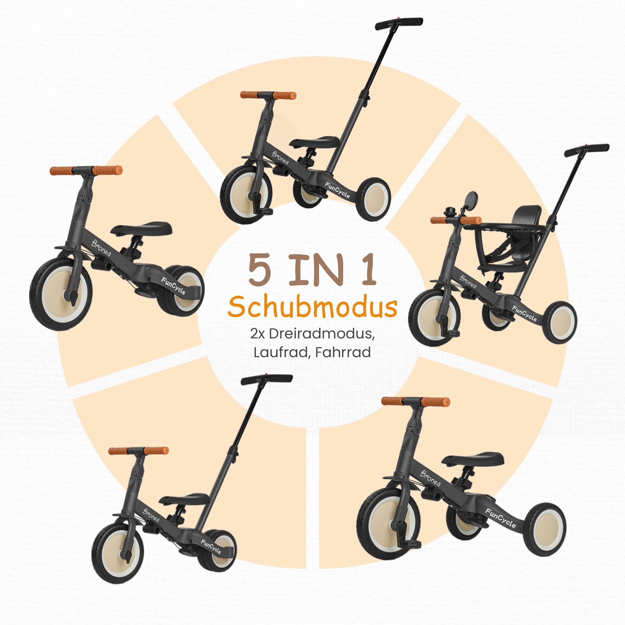 Bronea Dreirad FunCycle 5-in-1 ab 1 Jahr mit Schubstange Wächst mit Ihrem Kind