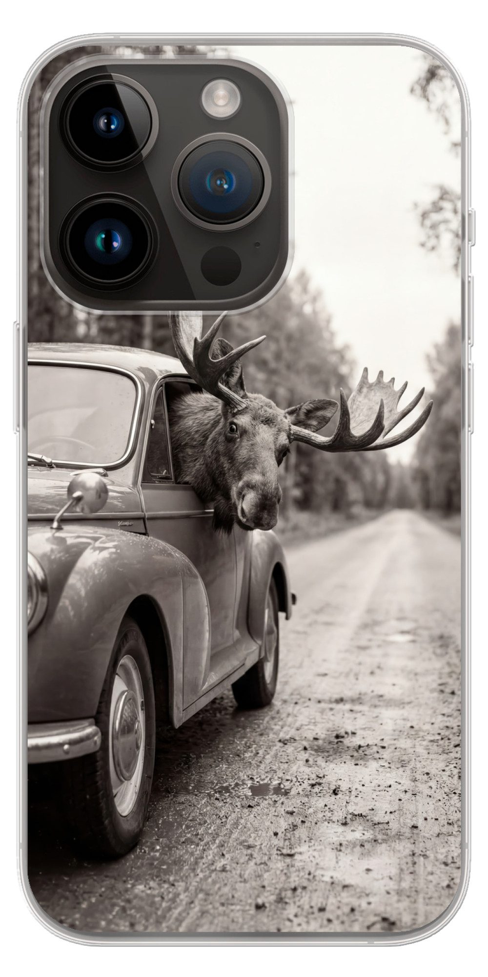 MuchoWow Handyhülle für Apple iPhone 14 Pro Elch - Auto - Geweih - Schwarz - Weiß, Smartphone-Bumper, Print, Handy Schutzhülle Dünn