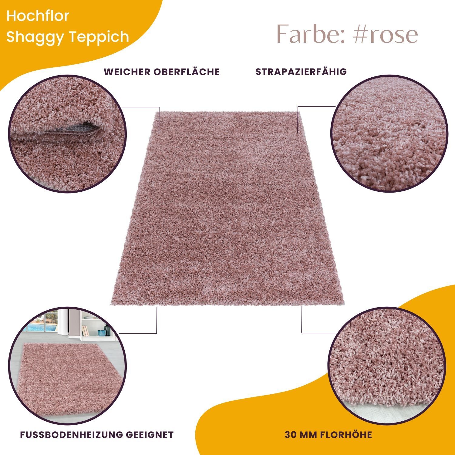 Rosa Teppium, mm, Unicolor Teppich Läufer, - 30 Höhe: Einfarbig, Teppich Wohnzimmer
