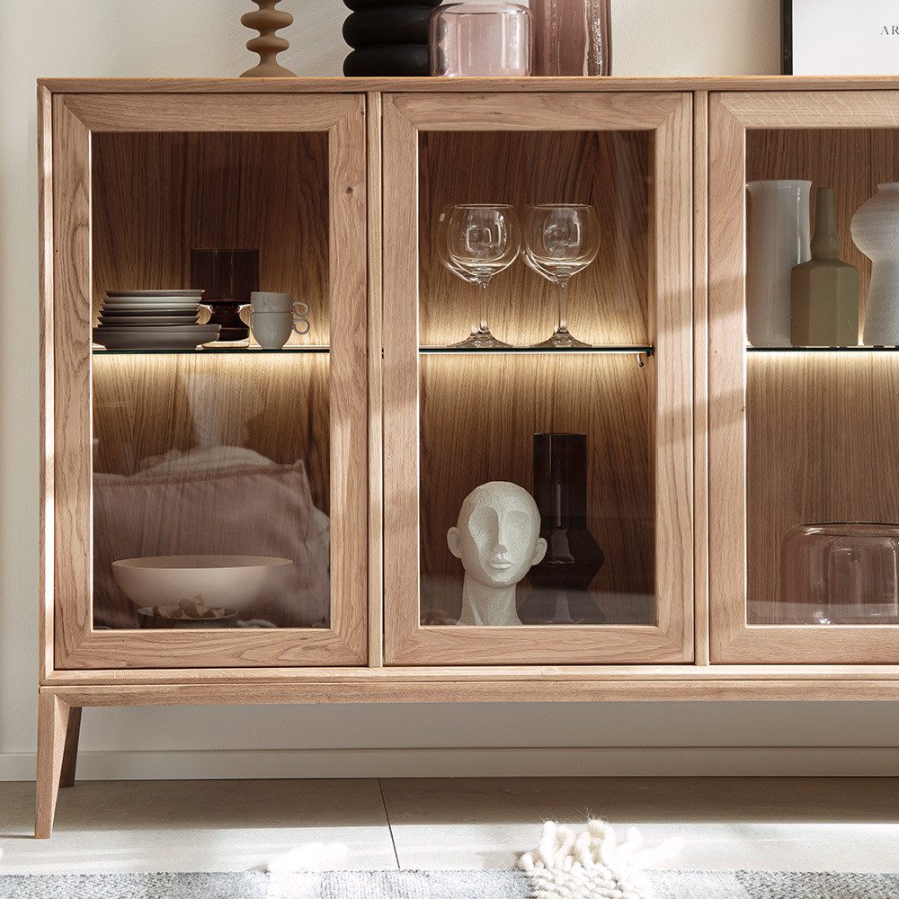 Lomadox Sideboard CUNEO-137, in Eiche massiv gölt Vitrinentüren Beleuchtung 177,7x100,5x41,5 cm