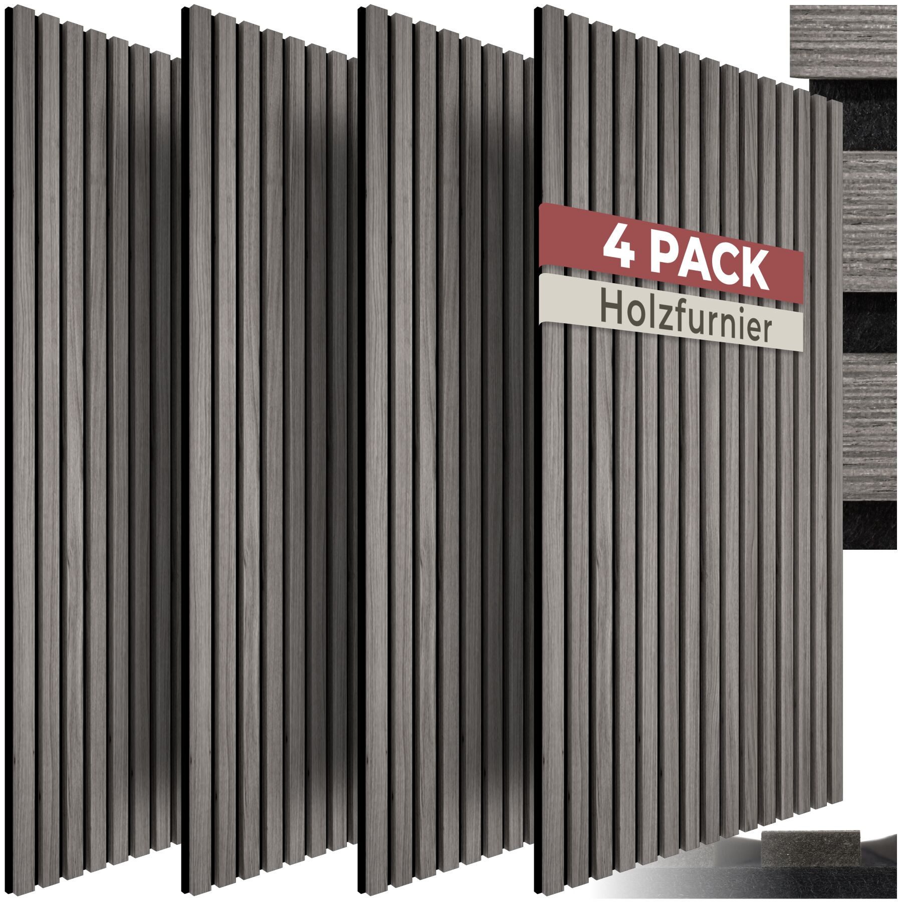 tectake Wandpaneel Akustikpaneele aus MDF und Echtholzfurnier - Eiche hellgrau, BxL: 50x110 cm, 0.55000000000000004 qm, (Holzpaneele Sonic Wall II, 4-tlg., Größe flexibel anpassbar) schallabsorbierender Filz, einfache Montage mit Kleber oder Schrauben