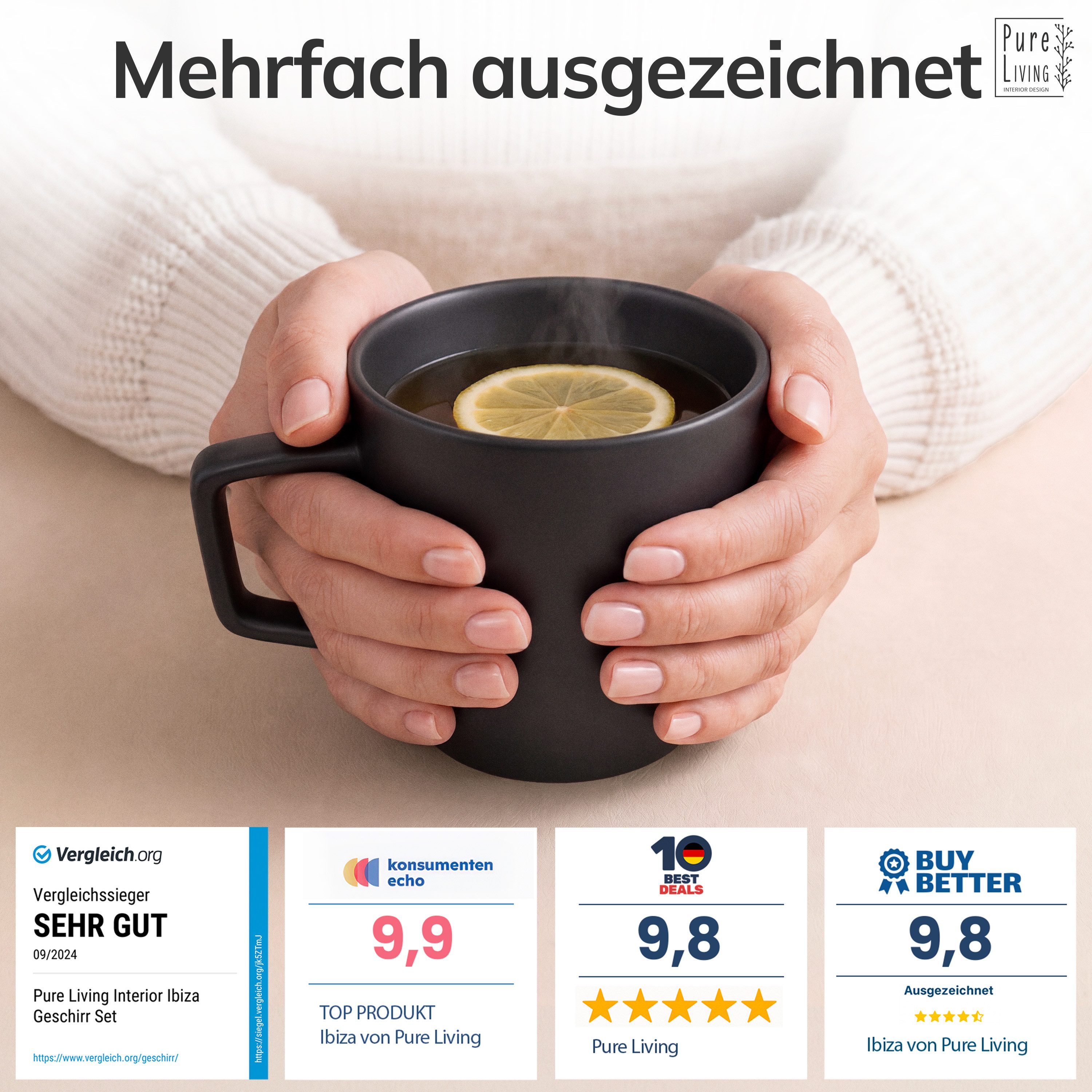 PURE LIVING INTERIOR DESIGN Geschirr-Set Pure Living Becher 6er 460ml »Manhattan«, Steingut Schwarz, 6 Personen, Steingut, Urbanes Matt-Schwarz Design, Klare moderne Formen, Massives Steingut …