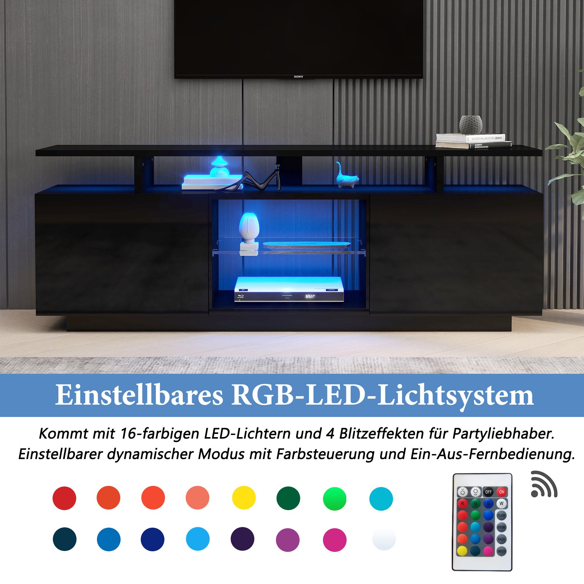 Merax TV-Schrank mit Hochglanzfront,Lowboard mit LED,Fernsehtisch,TV-Ständer,B:140cm