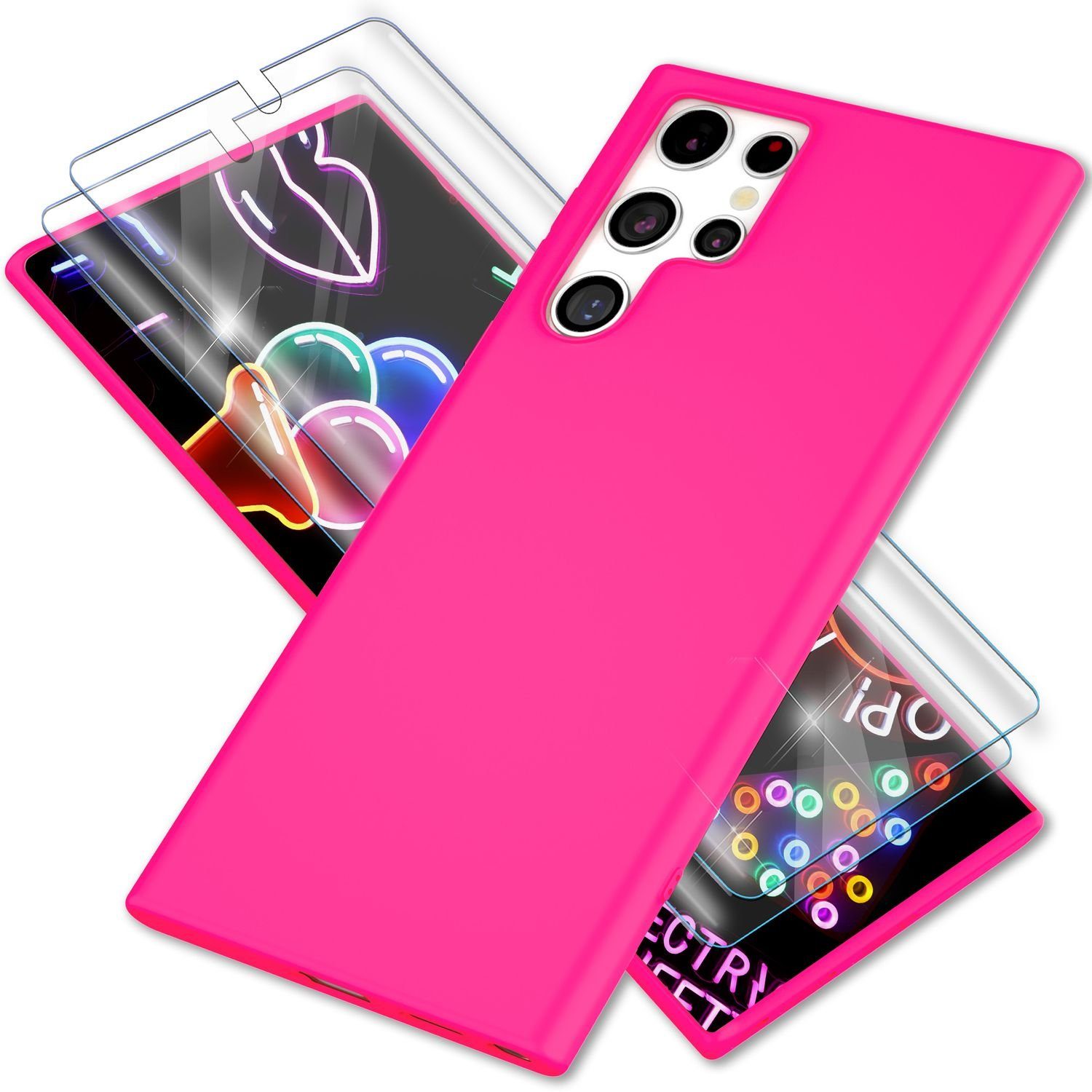Nalia Smartphone-Hülle Samsung Galaxy S23 Ultra, Neon Silikon Hülle / 2x Displayschutz / Bunt Leuchtend / Soft Cover