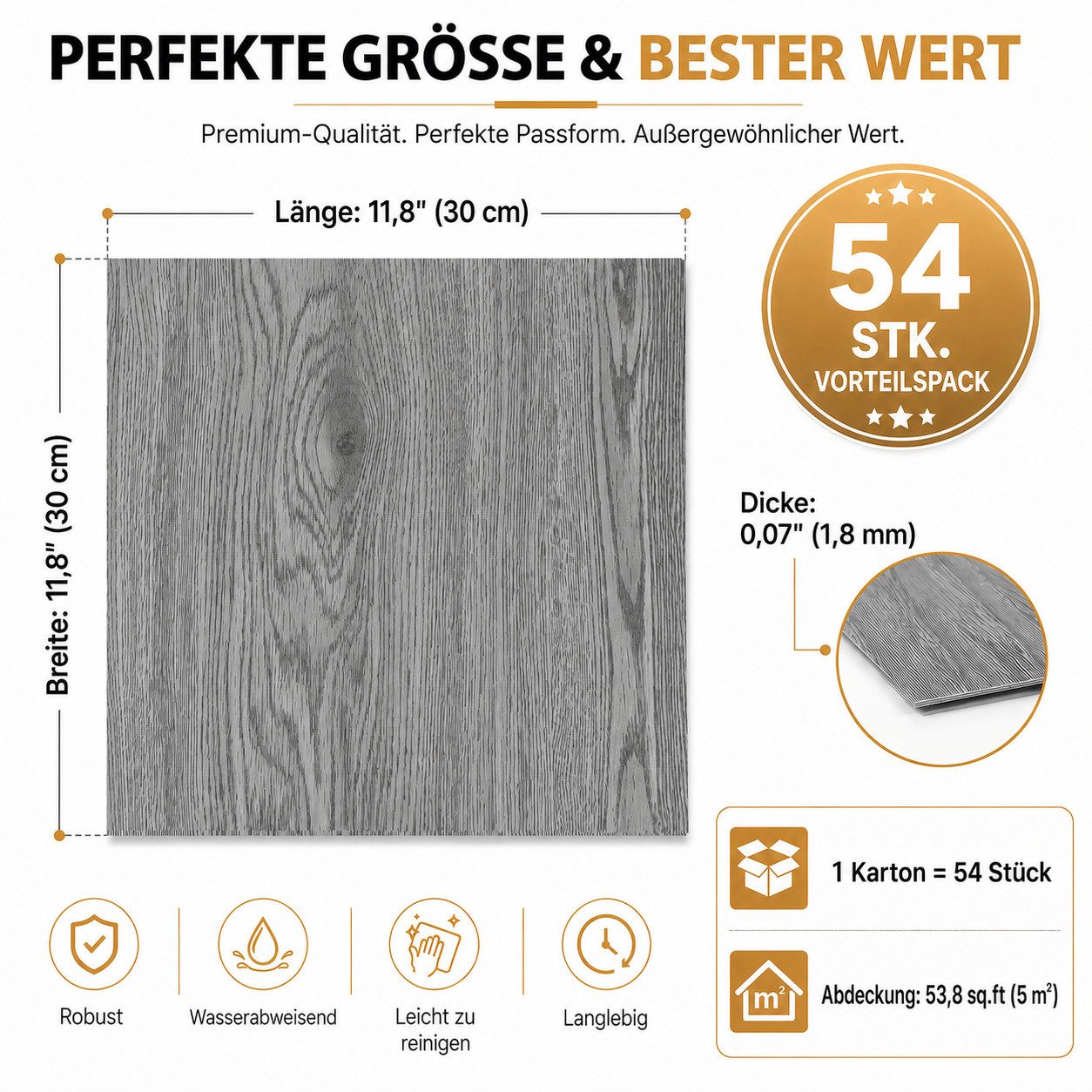 BlingBin Vinylboden PVC-Bodenfliesen selbstklebend in Holzoptik, 54 Stück, ca. 4,86 m², zuschneidbar, Rutschfest Wasserfest, DIY Boden Renovierung, 54er Set, Maße je Fliese: ca. 30 x 30 cm, Stärke: ca. 1,8 mm, Bodenaufkleber, 30 x 30 cm, 1,8 mm, für Küche, Flur & Wohnräume