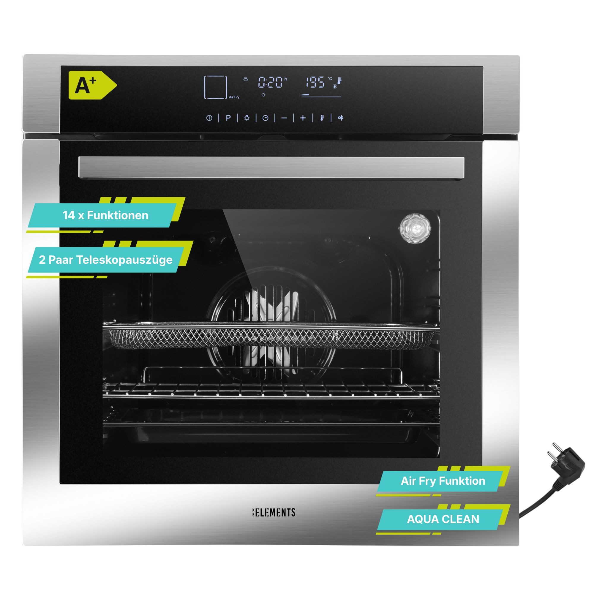 KB Elements Backofen-Set Einbaubackofen 60 cm mit 4-Zonen Glaskeramik Kochfeld 60 cm, mit 2-fach-Teleskopauszug, AQUA CLEAN, Einbaubackofen Full Touch mit 15 Funktionen, Air Fry Funktion