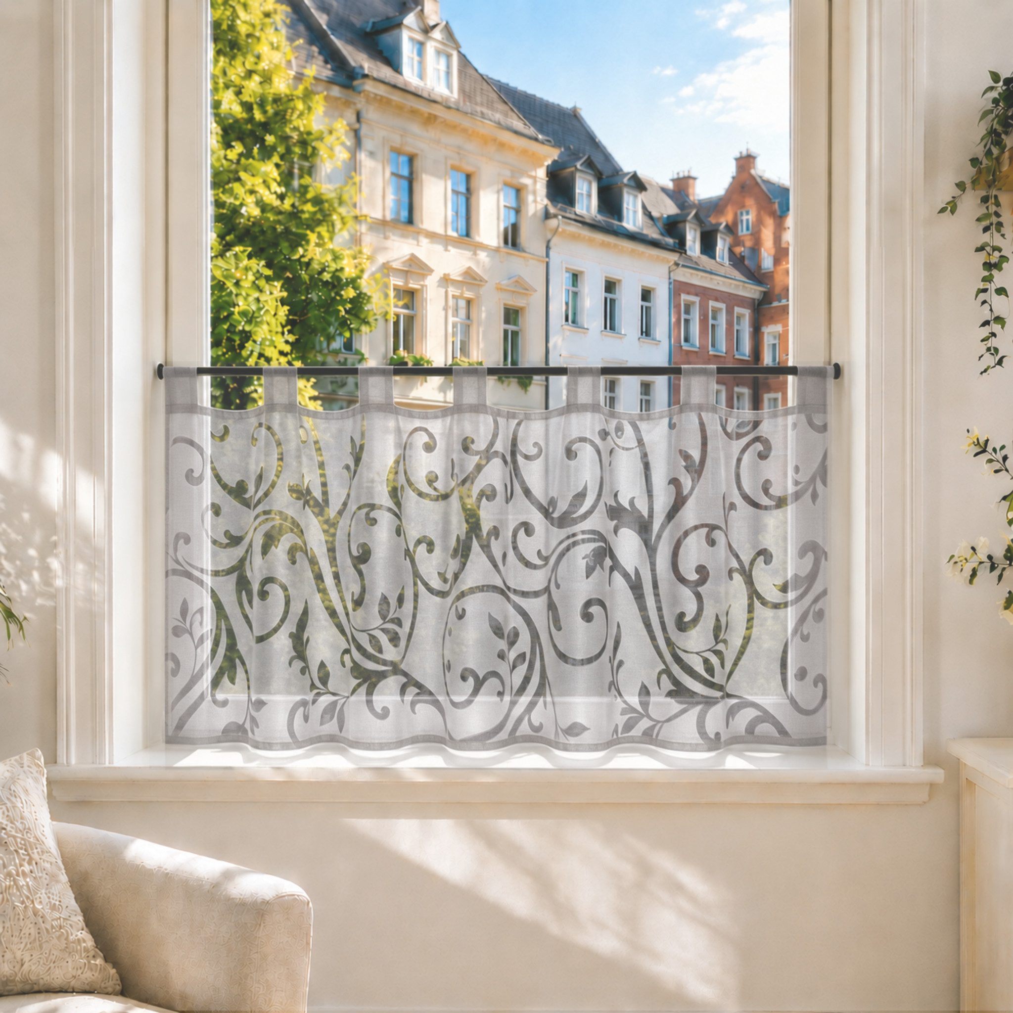 Joyswahl Scheibengardine Bistrogardine Kurzstore im Landhausstil (1 St), Schlaufen, transparent, Voile, Ausbrenner mit großem Rankenmuster für Küche und Esszimm – Bild 2 von 5