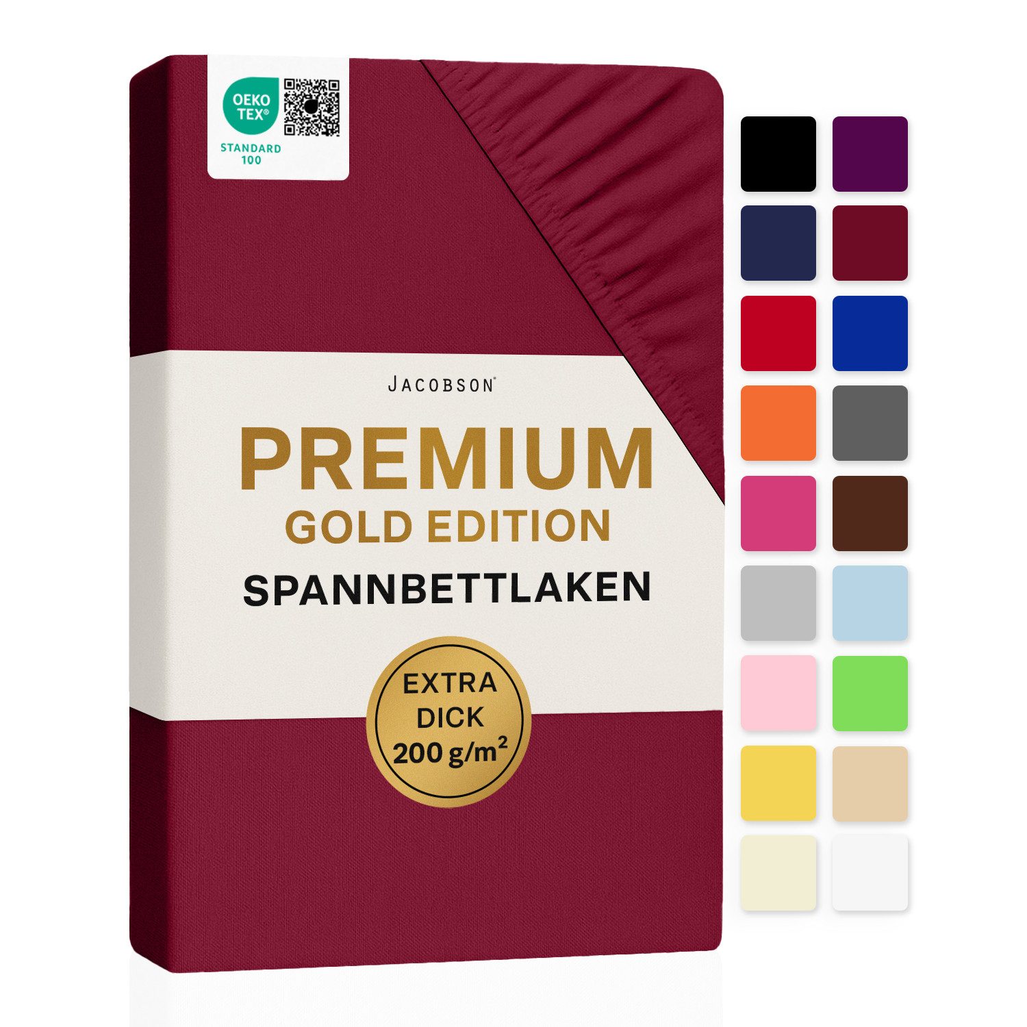 Jacobson Spannbettlaken PREMIUM 200 g/m² Jersey aus 97% Baumwolle & 3% Elasthan, Extra dichtes Bettlaken mit maximalem Halt